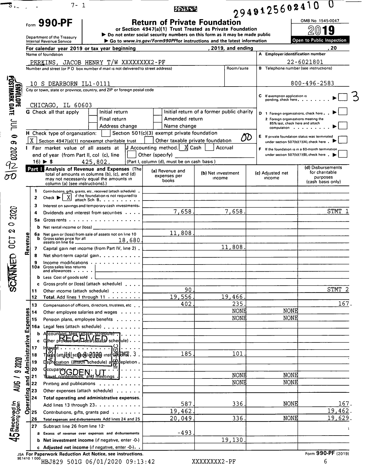 Image of first page of 2019 Form 990PR for Perkins Jacob Henry TW XXXXX9002