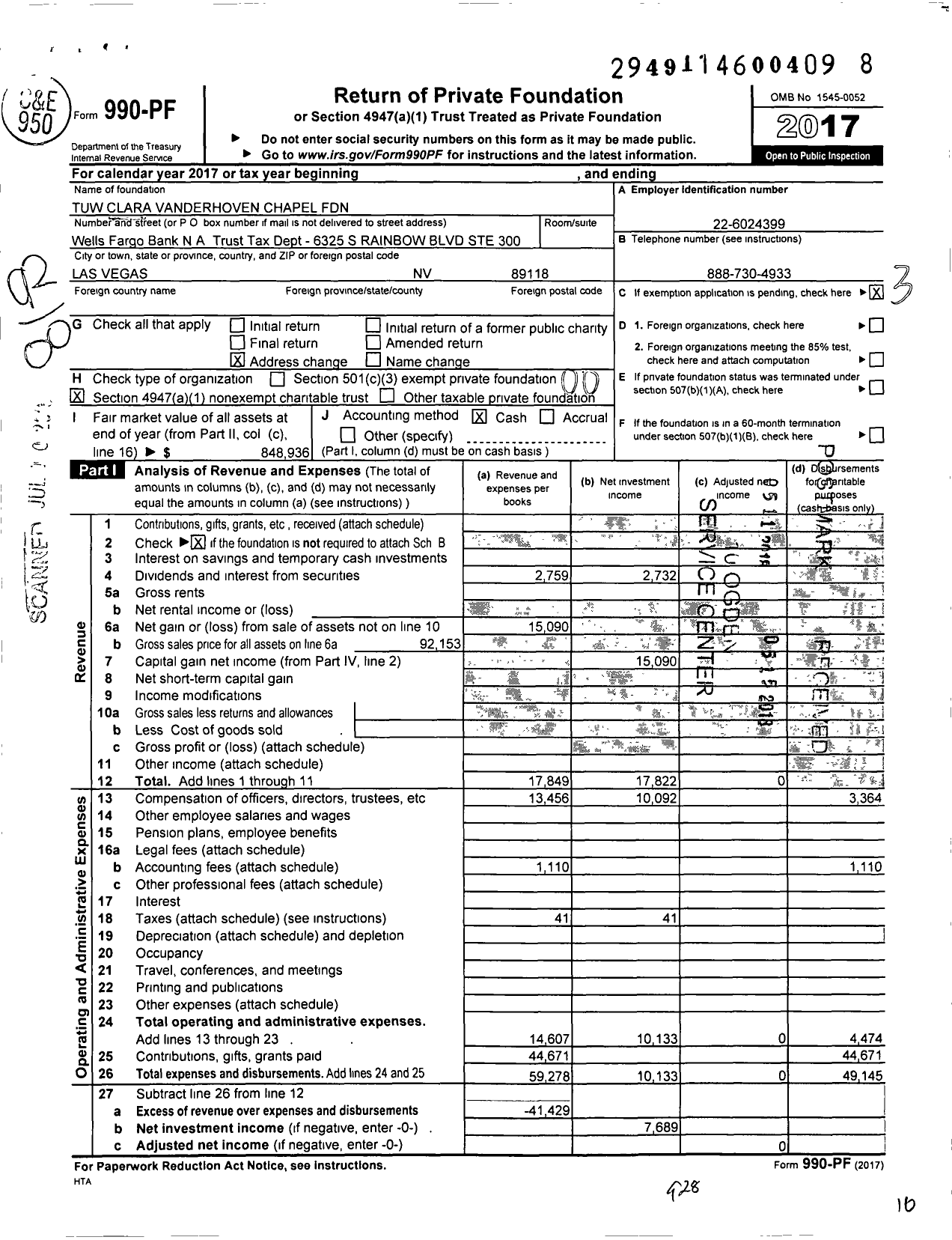 Image of first page of 2017 Form 990PF for Tuw Clara Vanderhoven Chapel Foundation