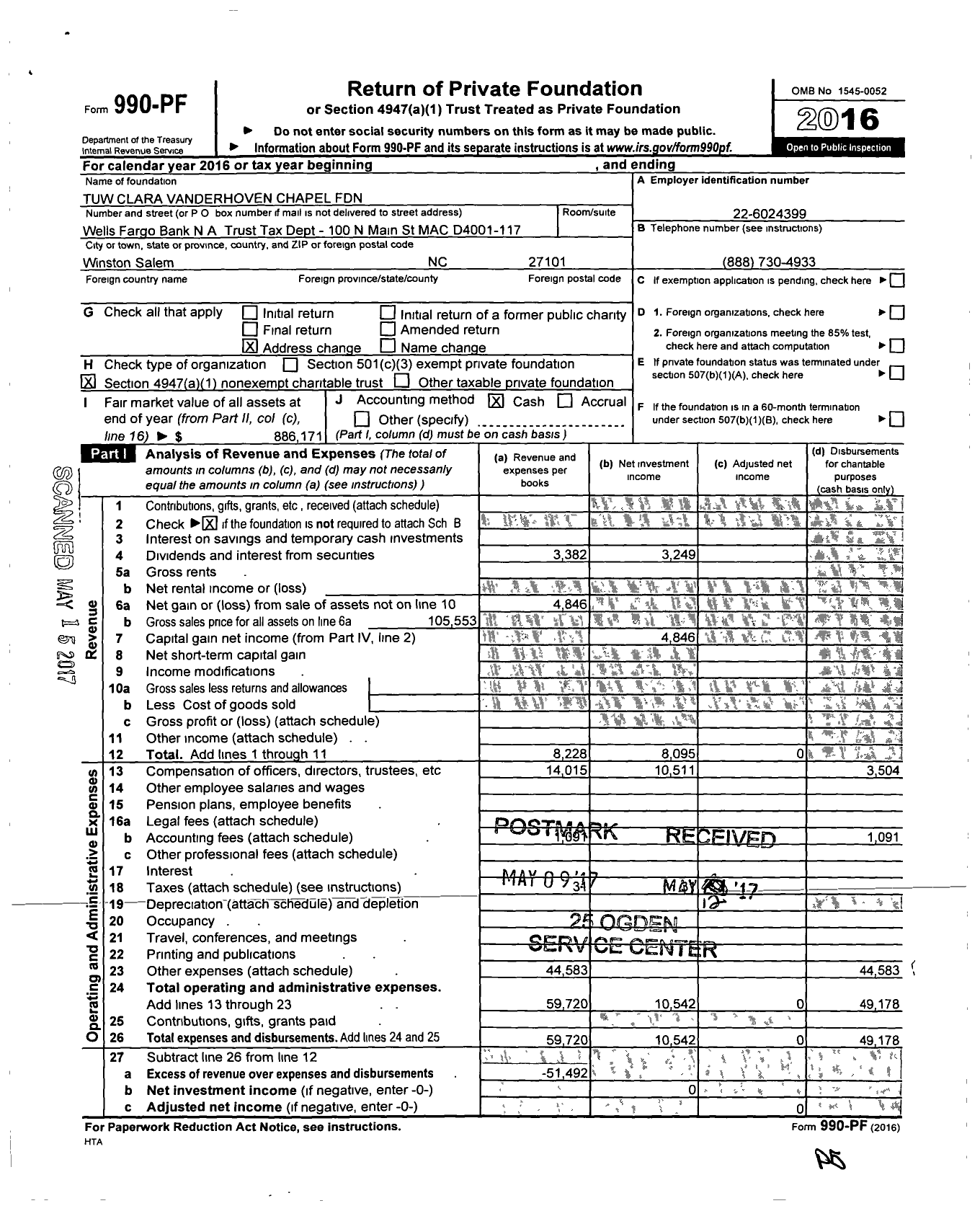 Image of first page of 2016 Form 990PF for Tuw Clara Vanderhoven Chapel Foundation