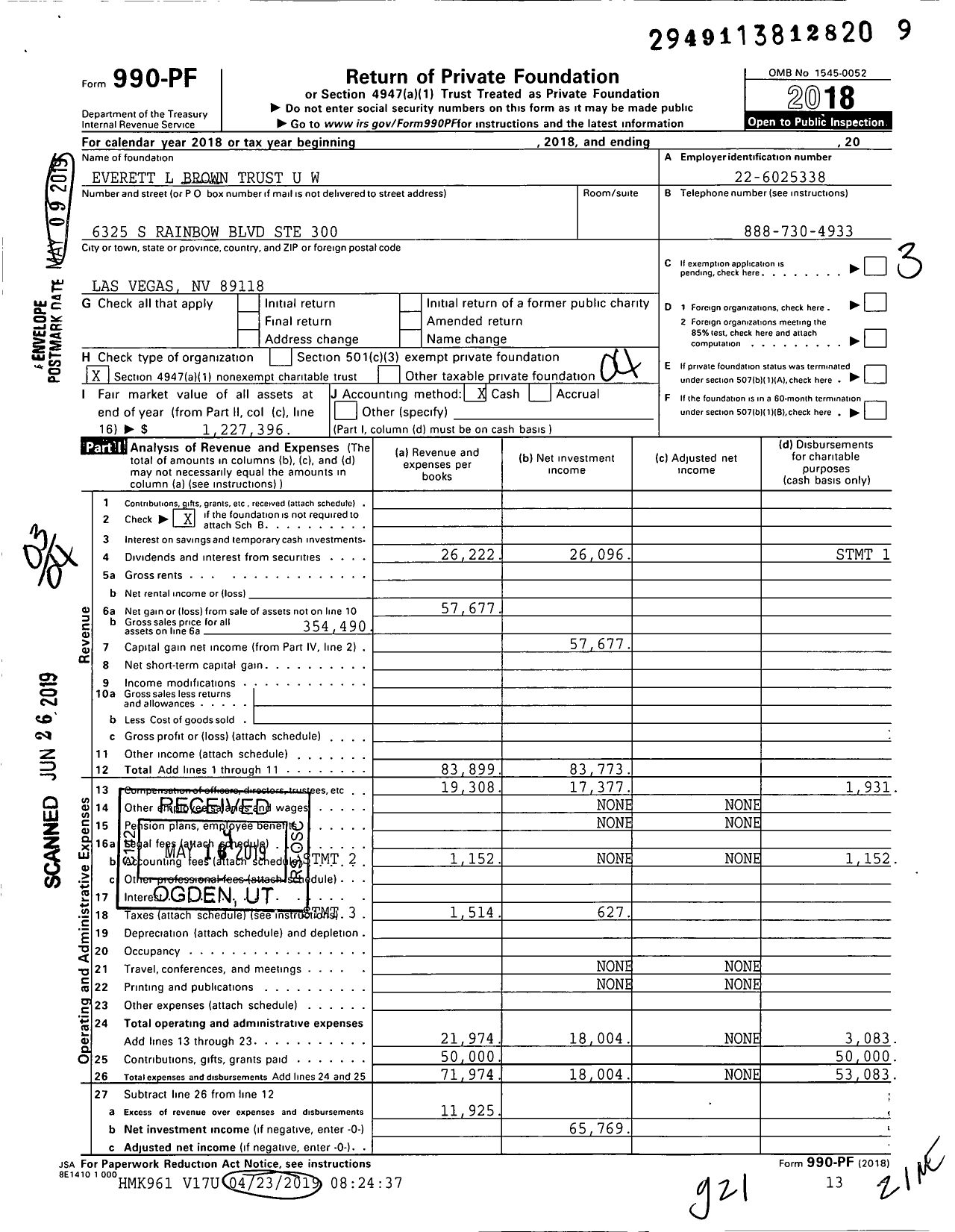 Image of first page of 2018 Form 990PF for Everett L Brown Trust U W