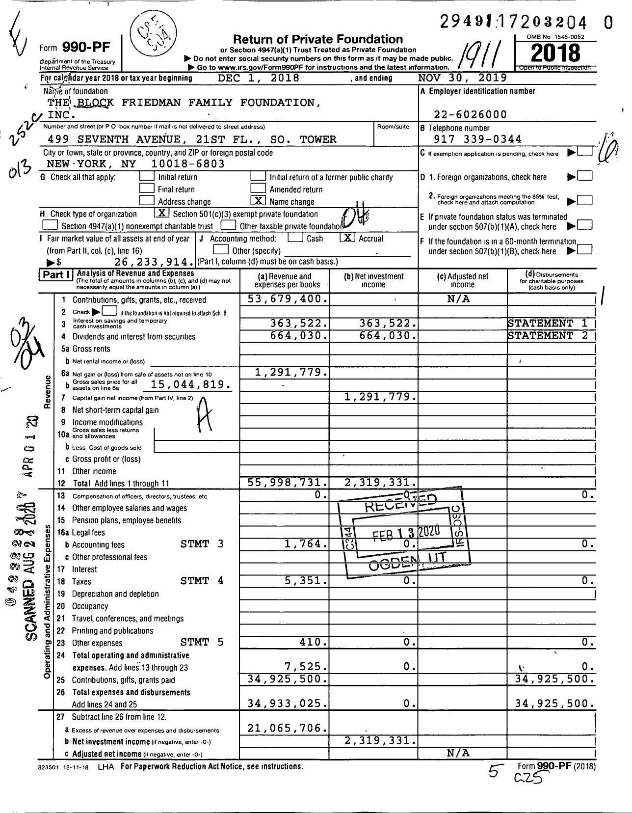 Image of first page of 2018 Form 990PR for The Block Friedman Family Foundation