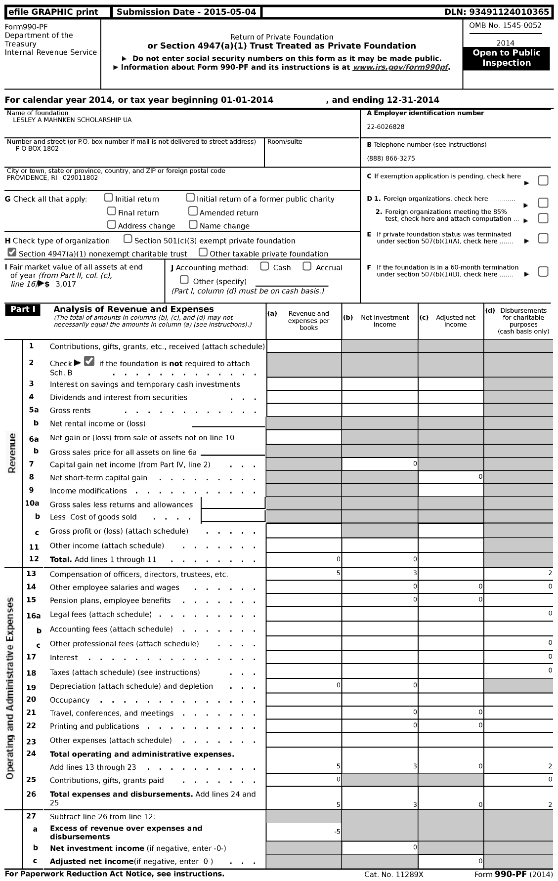 Image of first page of 2014 Form 990PF for Lesley A Mahnken Scholarship