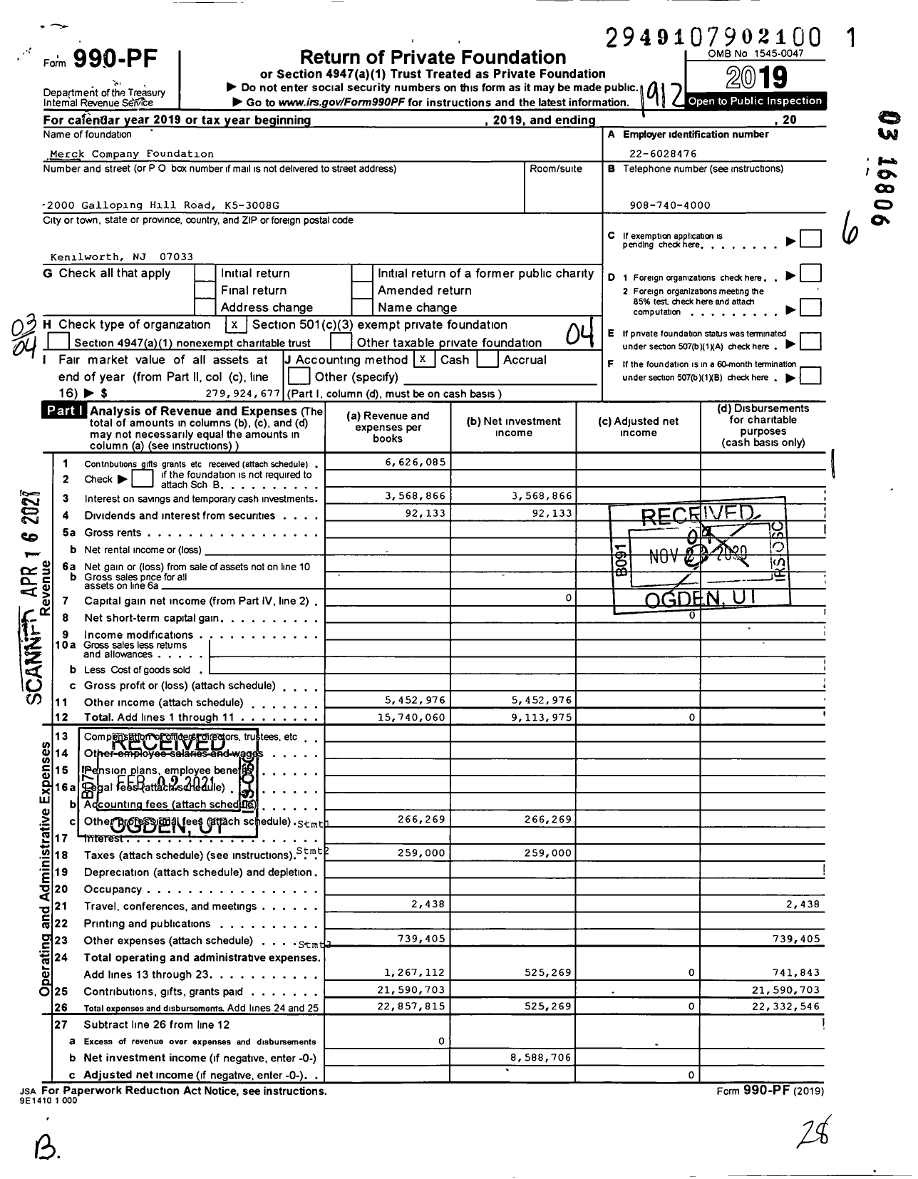 Image of first page of 2019 Form 990PF for Merck Foundation a New Jersey Nonprofit Corporation