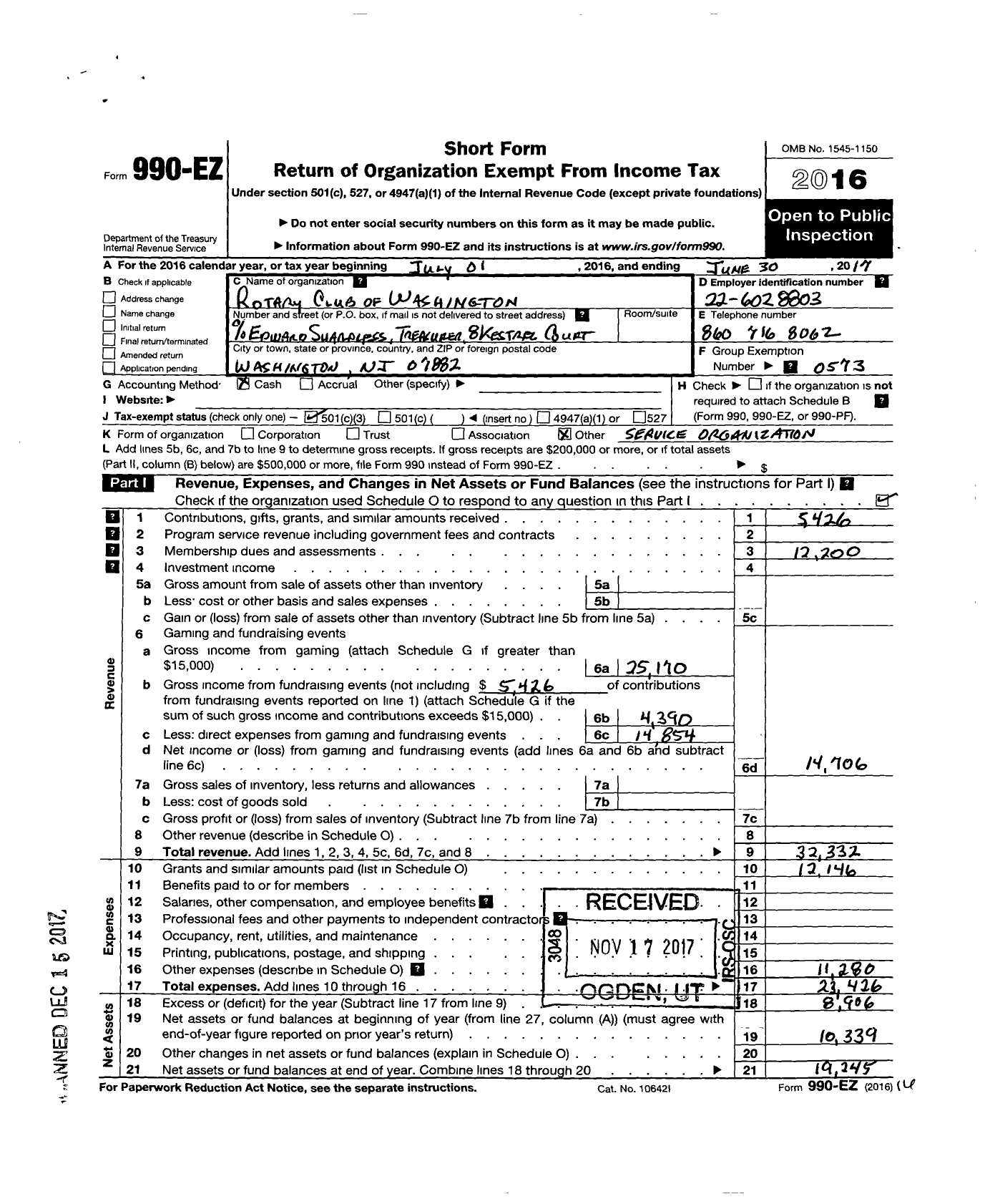 Image of first page of 2016 Form 990EZ for Rotary International - Washington Rotary Club