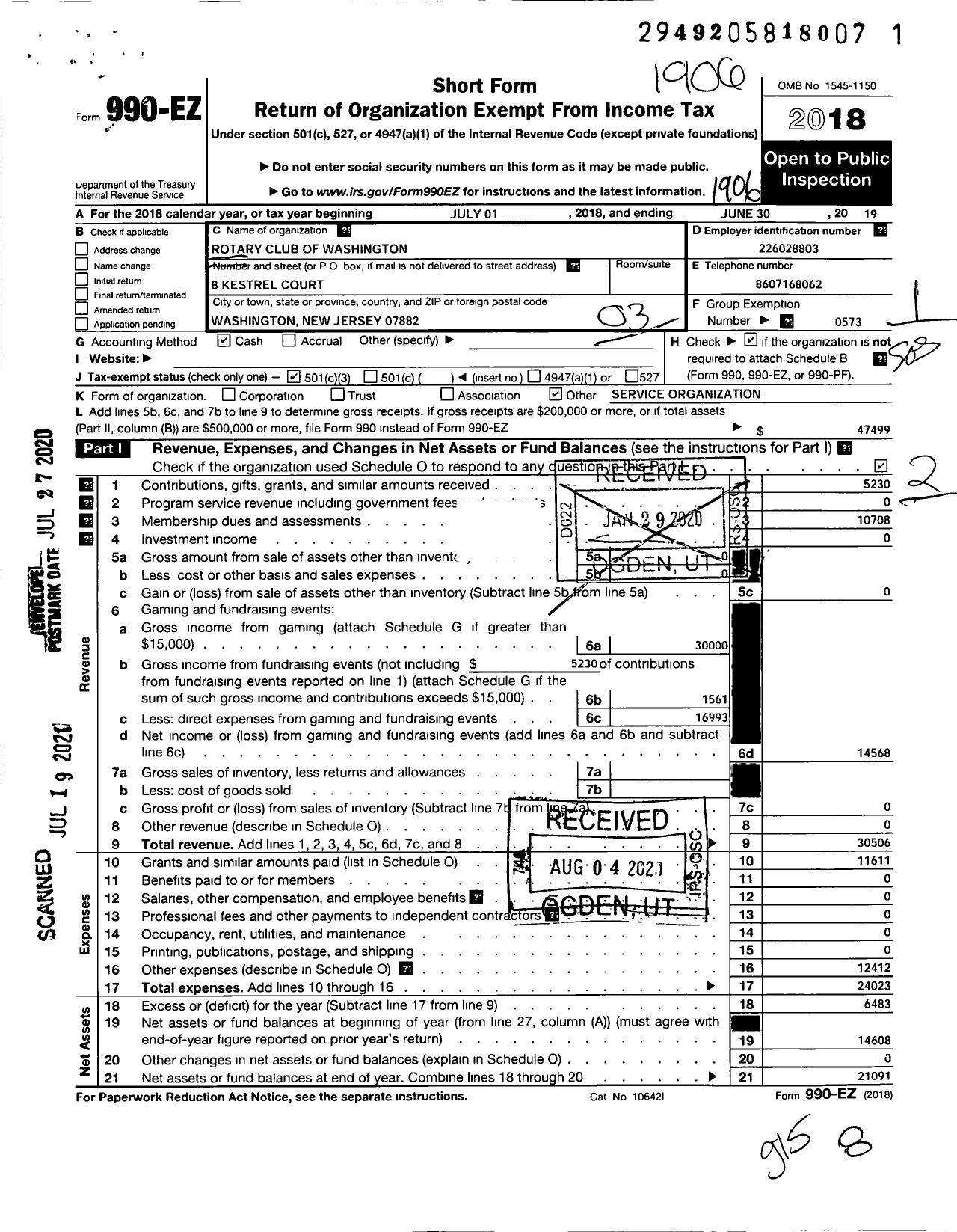 Image of first page of 2018 Form 990EZ for Rotary International - Washington Rotary Club