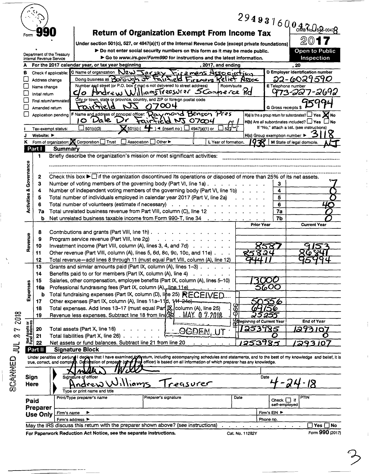 Image of first page of 2017 Form 990O for New Jersey State Firemen's Association - Borough of Fairfield Firemens Relief Association