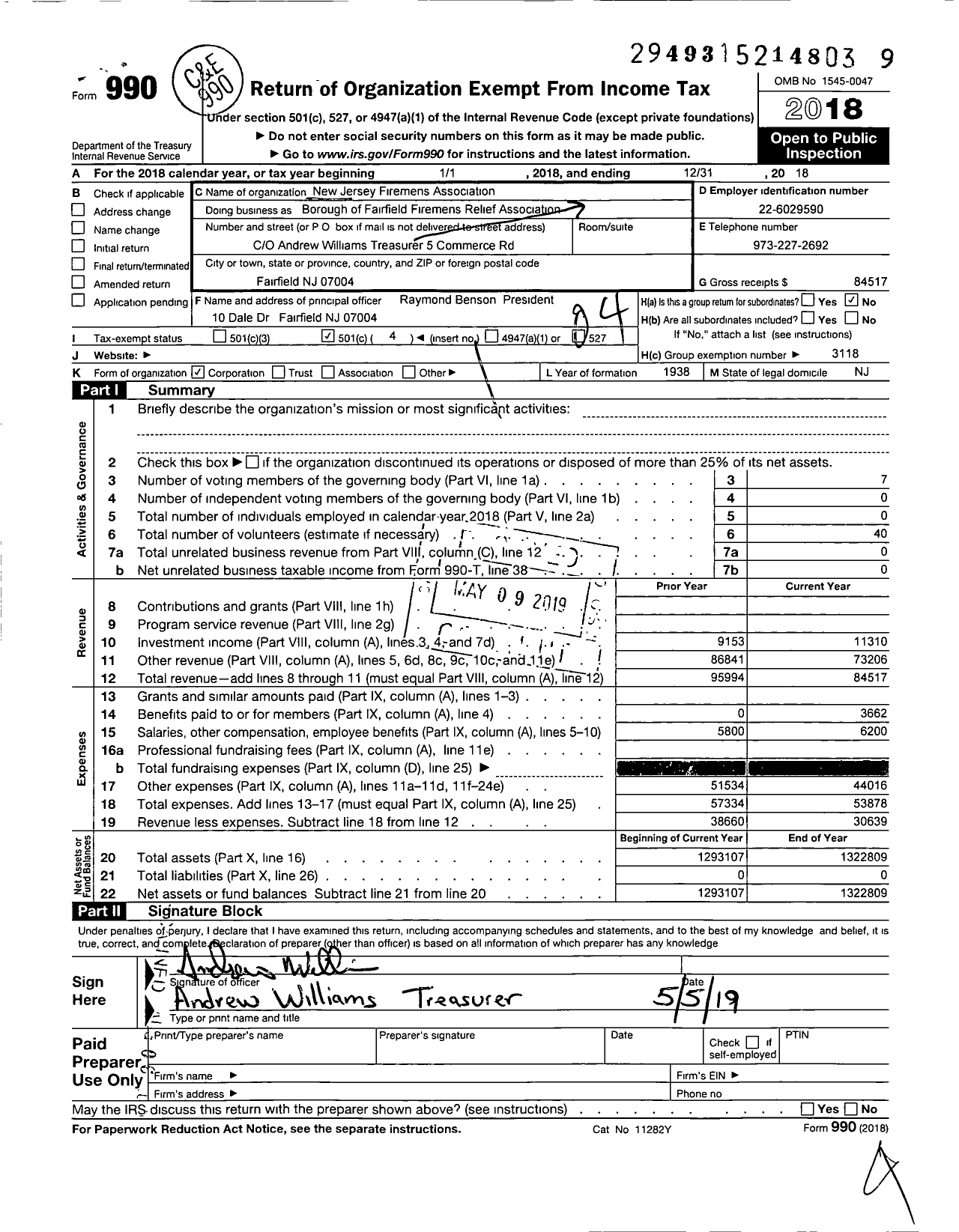 Image of first page of 2018 Form 990O for New Jersey State Firemen's Association - Borough of Fairfield Firemens Relief Association