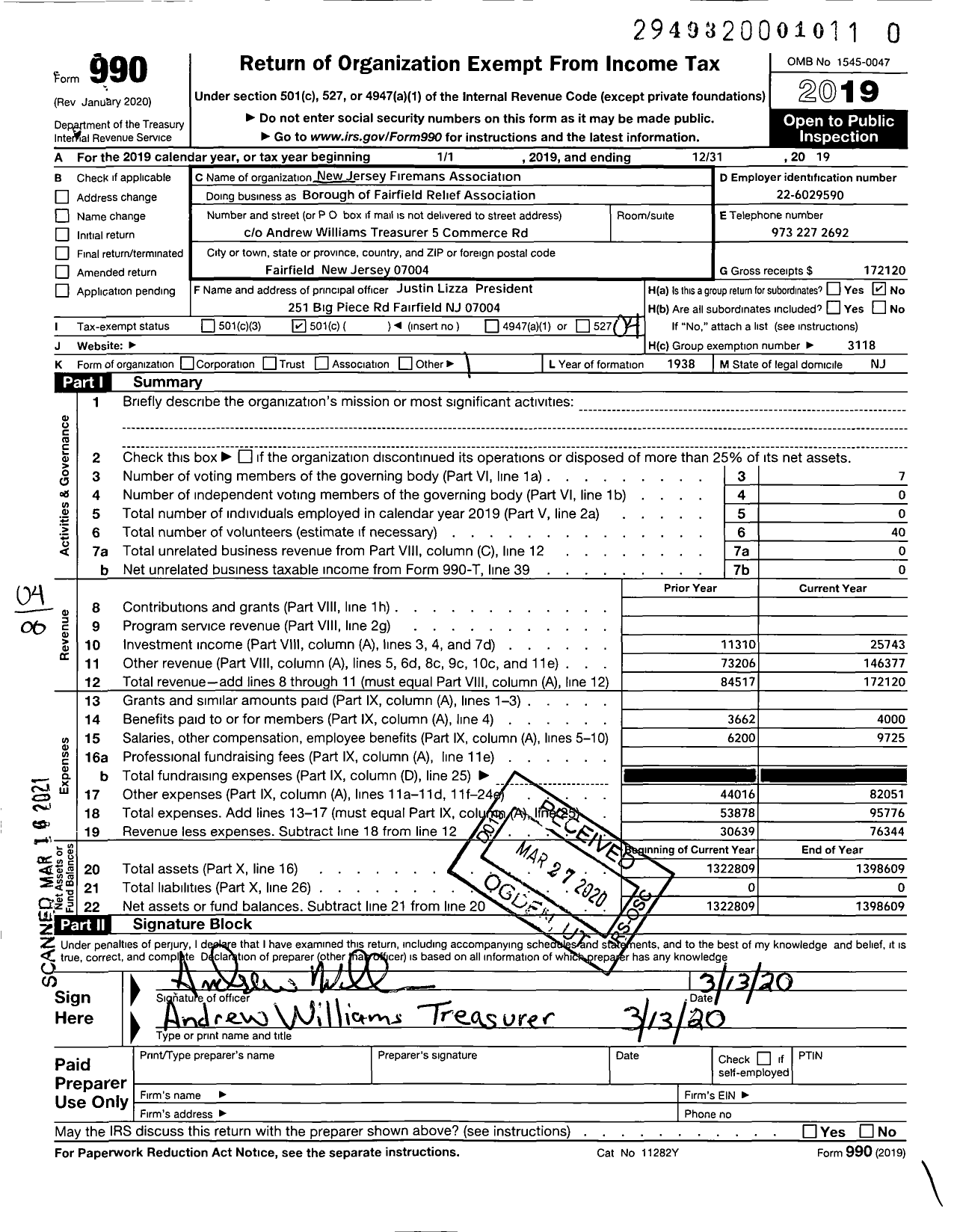 Image of first page of 2019 Form 990O for New Jersey State Firemen's Association - Borough of Fairfield Firemens Relief Association