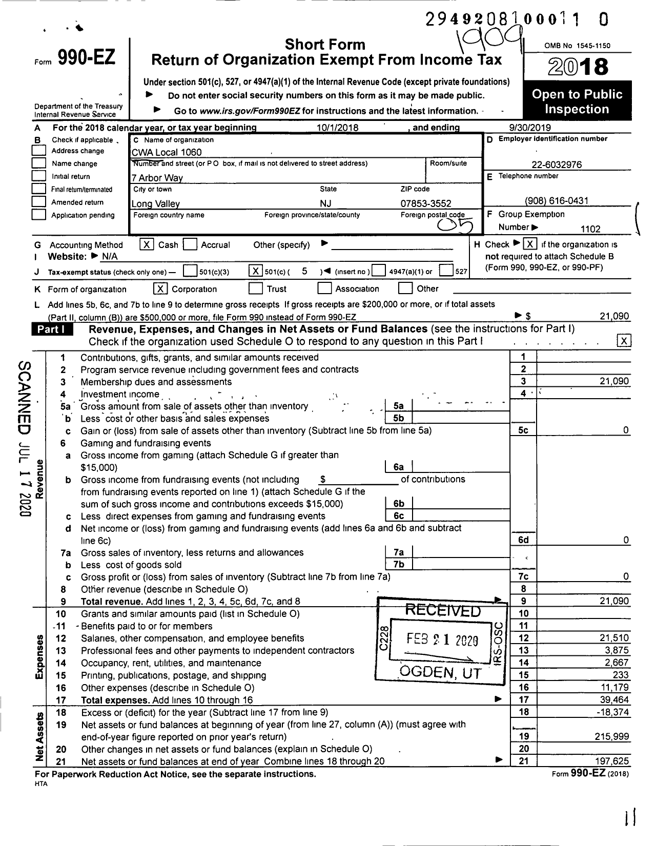 Image of first page of 2018 Form 990EO for Communications Workers of America - CWA Lu 1060