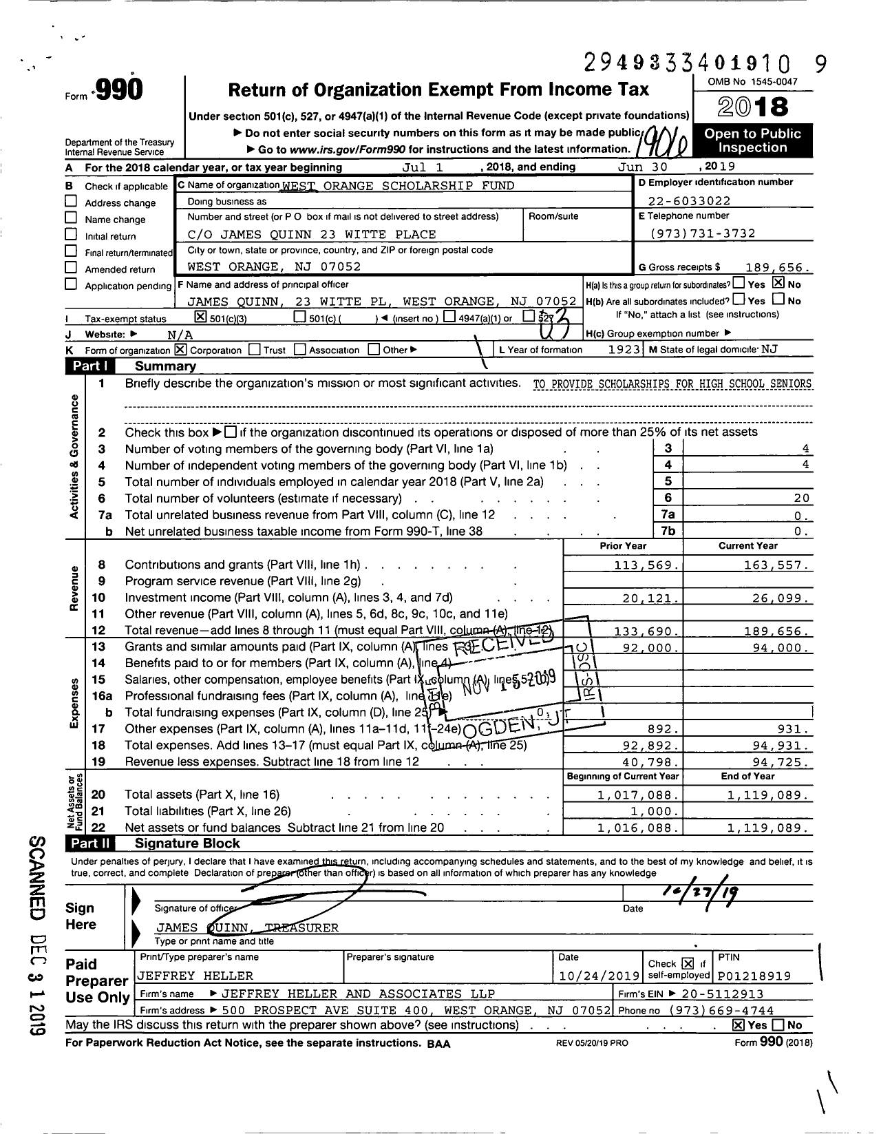 Image of first page of 2018 Form 990 for West Orange Scholarship Fund