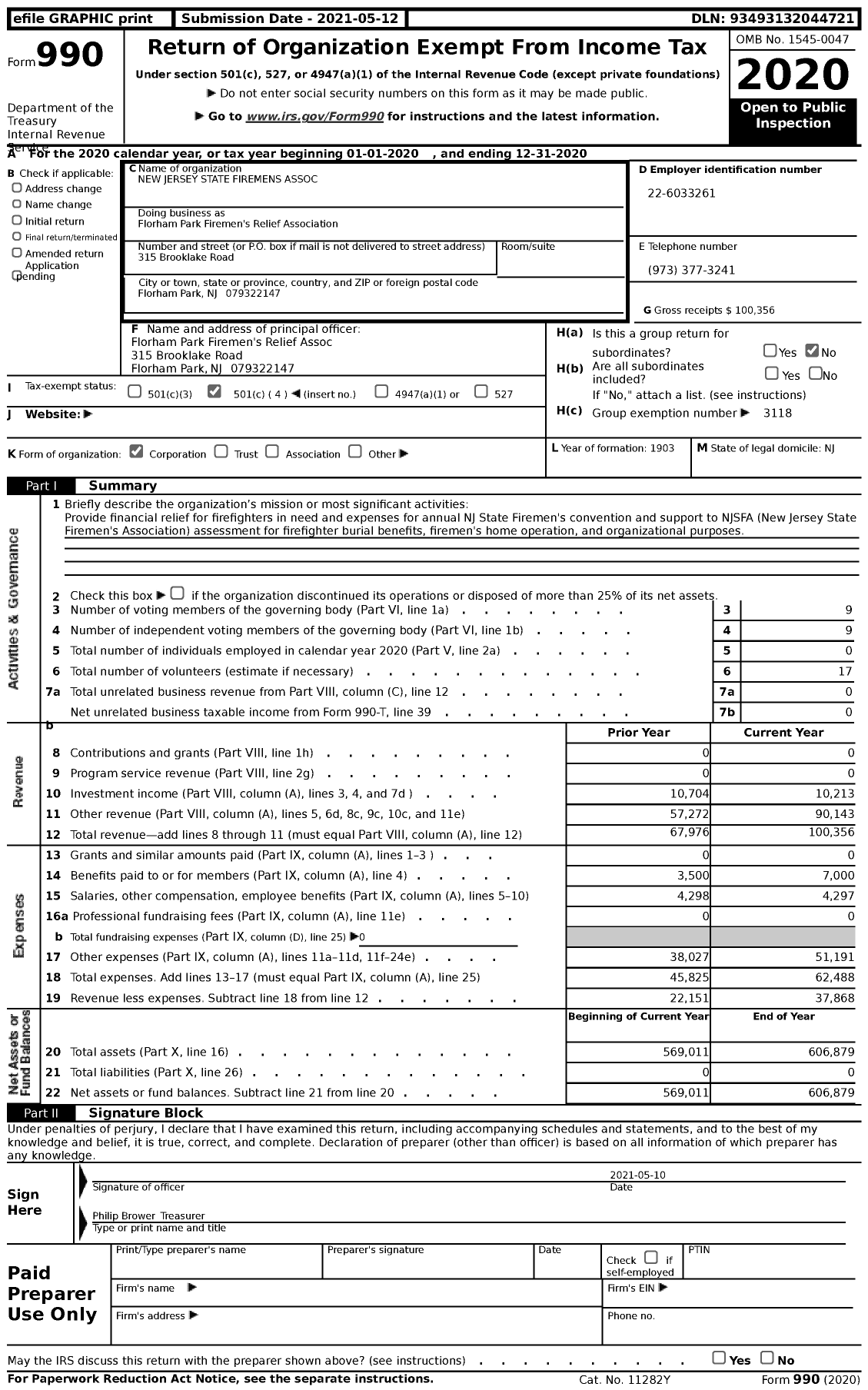 Image of first page of 2020 Form 990 for New Jersey State Firemen's Association - Florham Park Firemen's Relief Association