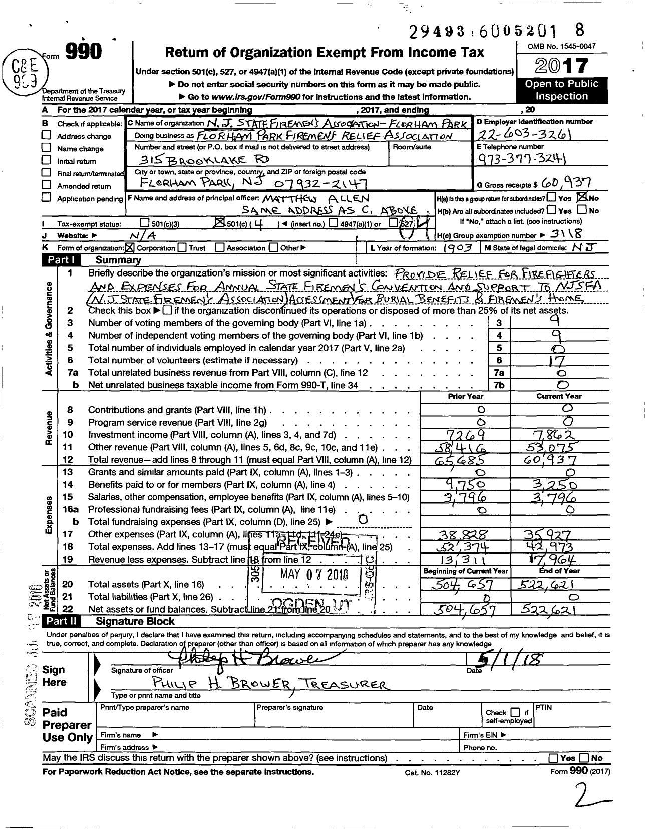 Image of first page of 2017 Form 990O for New Jersey State Firemen's Association - Florham Park Firemen's Relief Association