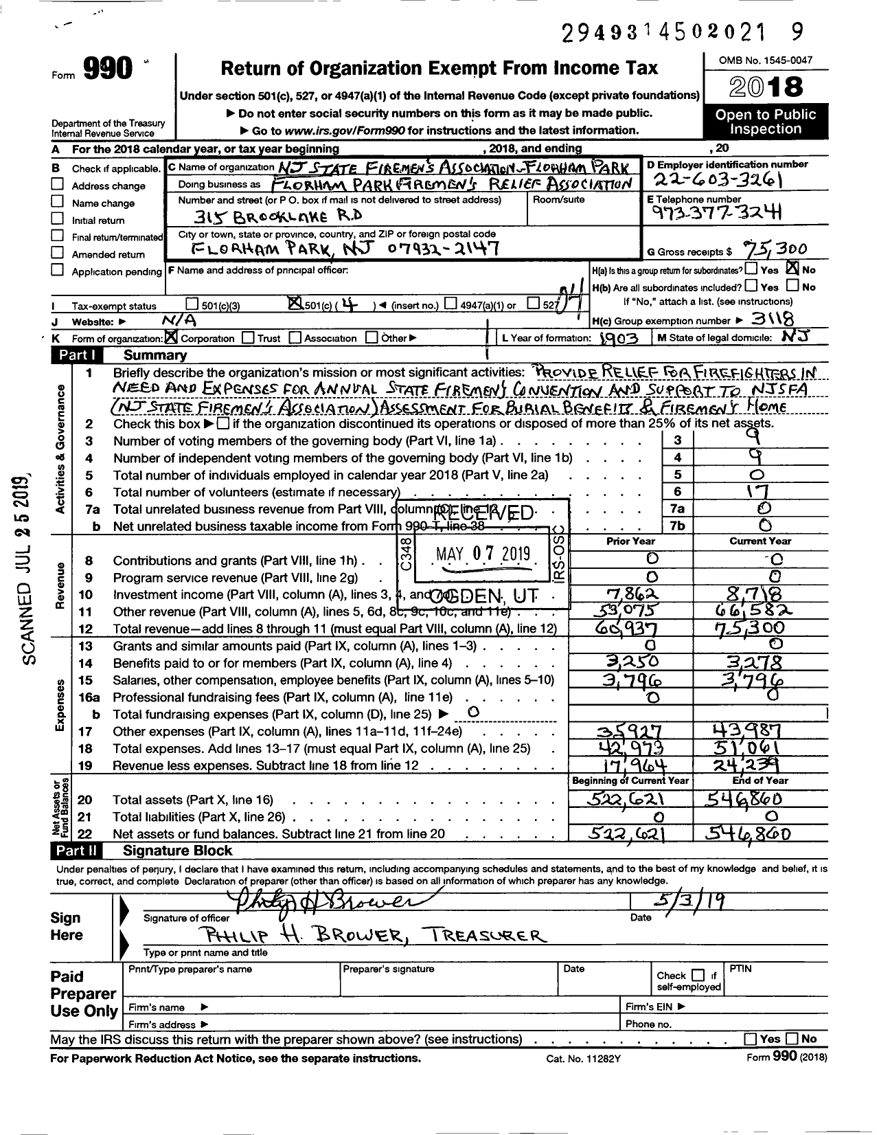 Image of first page of 2018 Form 990O for New Jersey State Firemen's Association - Florham Park Firemen's Relief Association