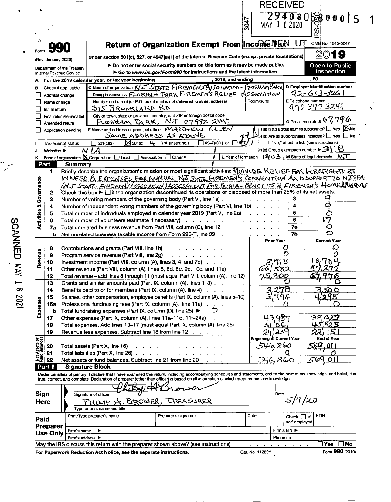 Image of first page of 2019 Form 990O for New Jersey State Firemen's Association - Florham Park Firemen's Relief Association