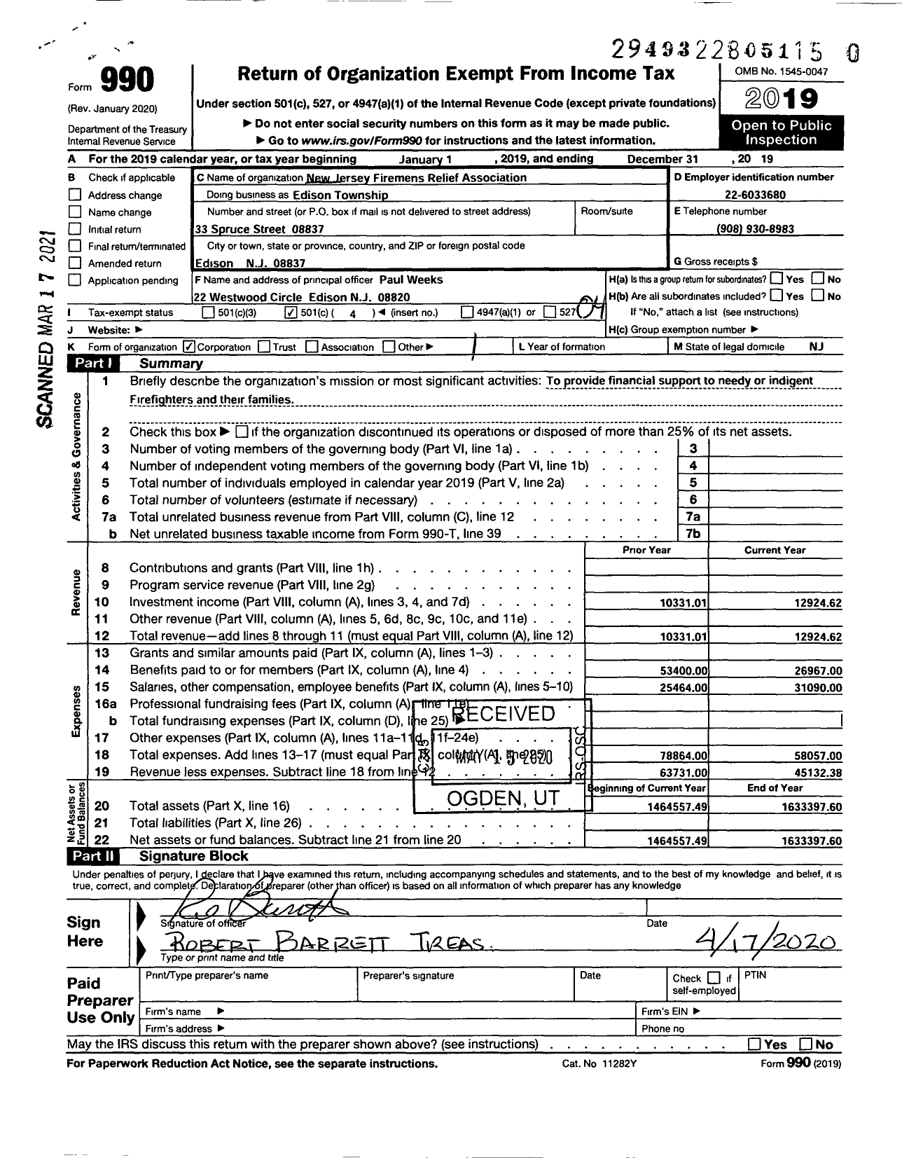 Image of first page of 2019 Form 990O for New Jersey State Firemen's Association - Edison Township