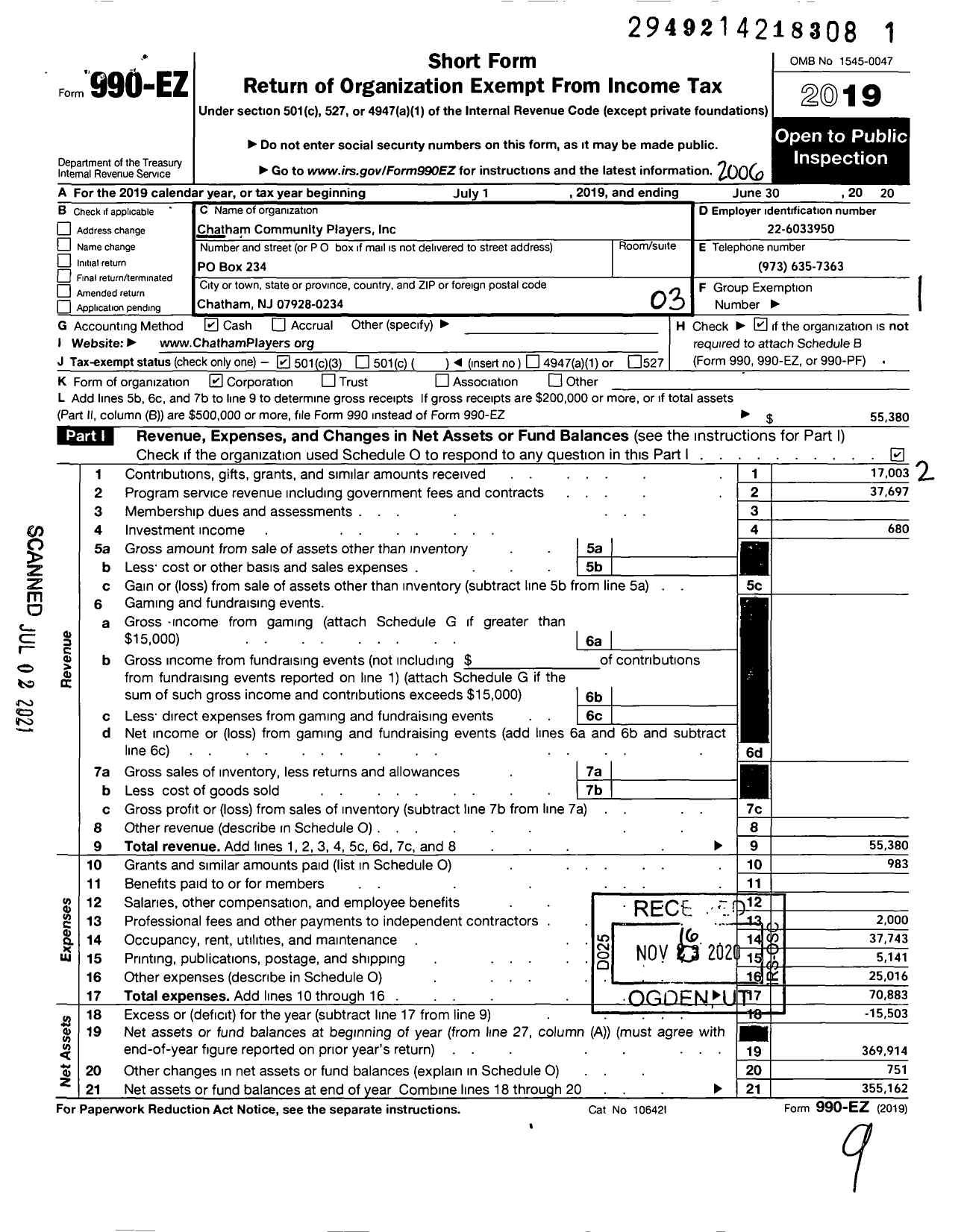 Image of first page of 2019 Form 990EZ for Chatham Community Players