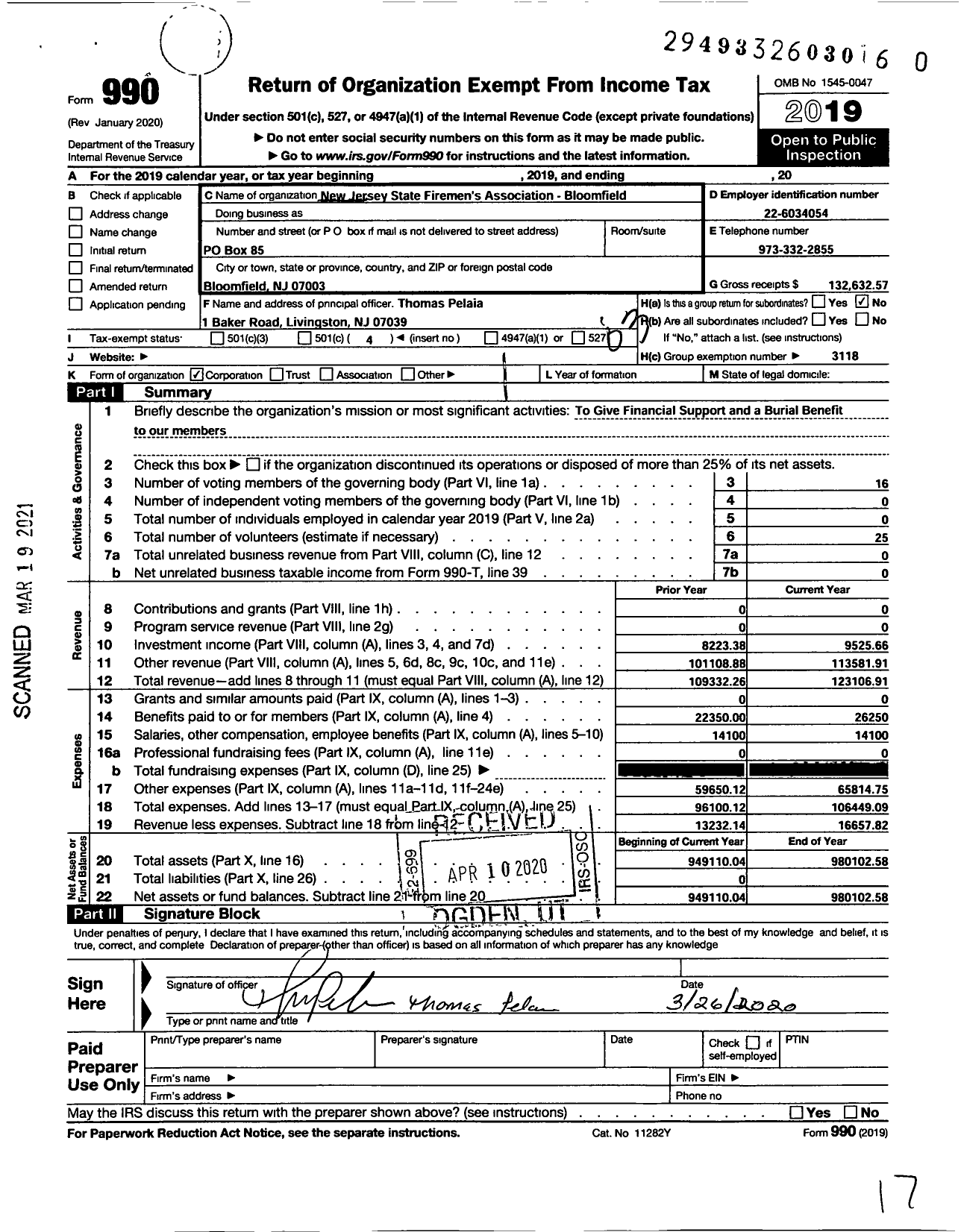 Image of first page of 2019 Form 990 for New Jersey State Firemen's Association - Bloomfield