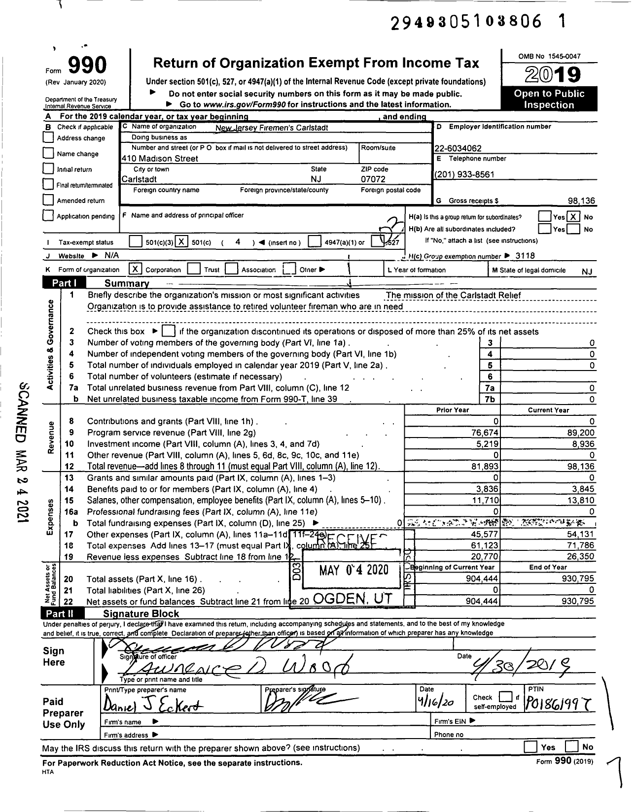 Image of first page of 2019 Form 990 for New Jersey State Firemen's Association - Carlstadt