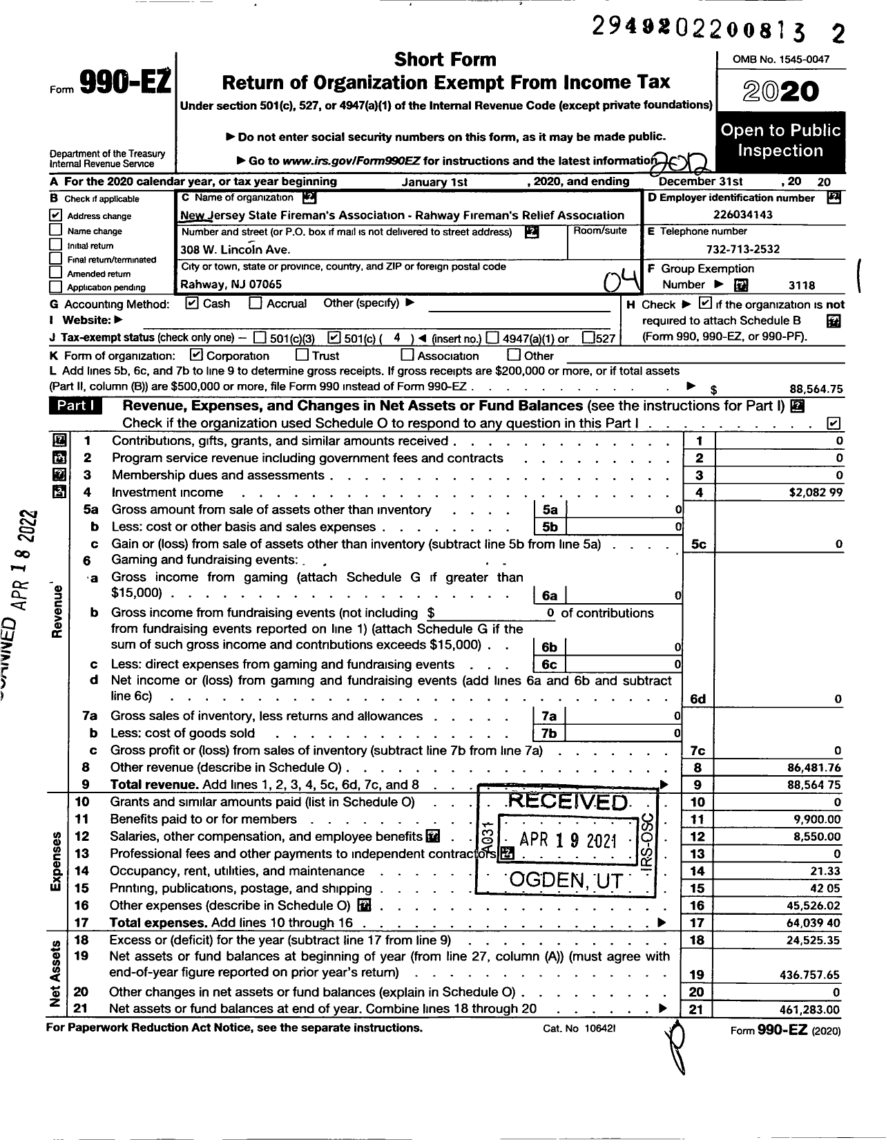 Image of first page of 2020 Form 990EO for New Jersey State Firemen's Association - Rahway