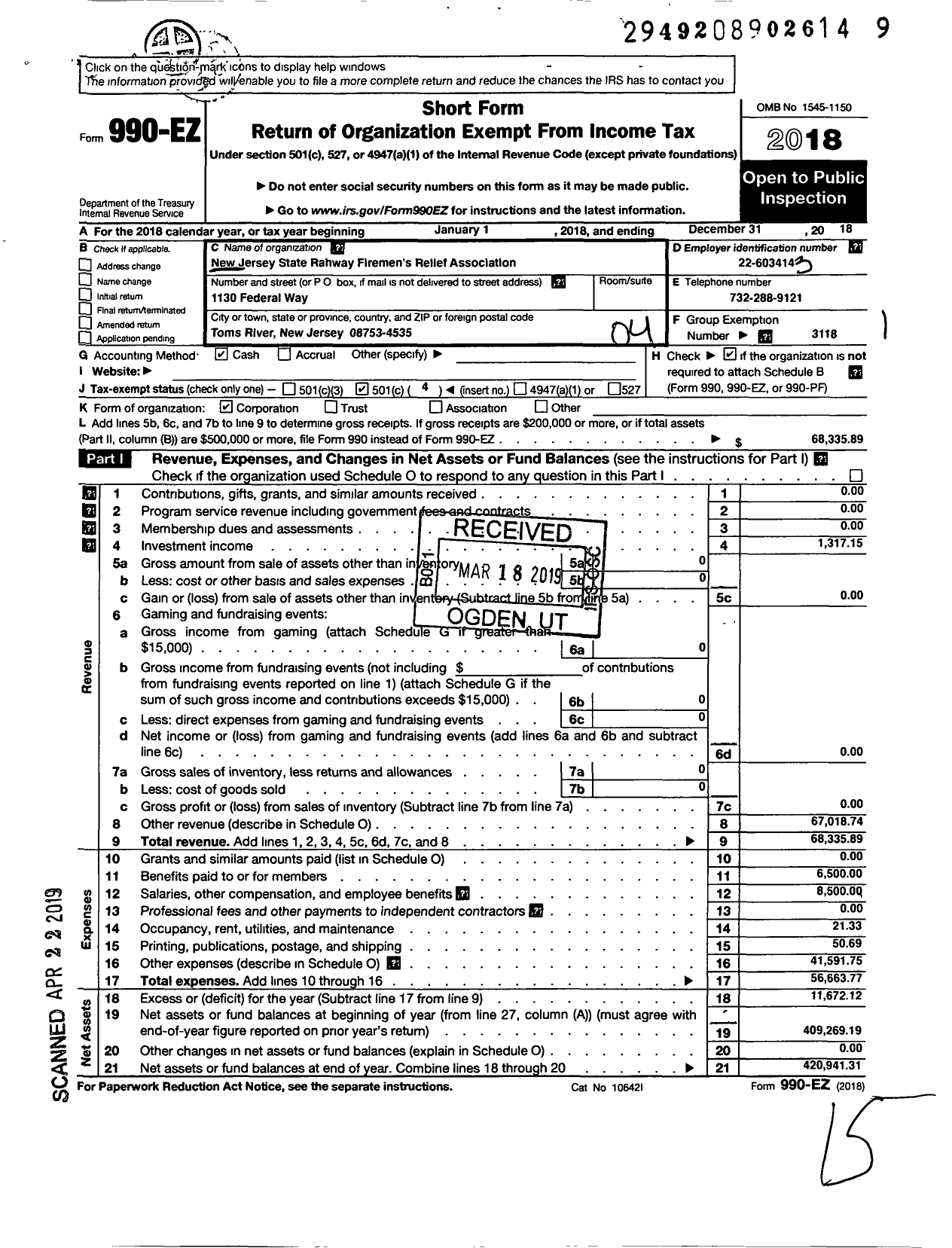 Image of first page of 2018 Form 990EO for New Jersey State Firemen's Association - Rahway