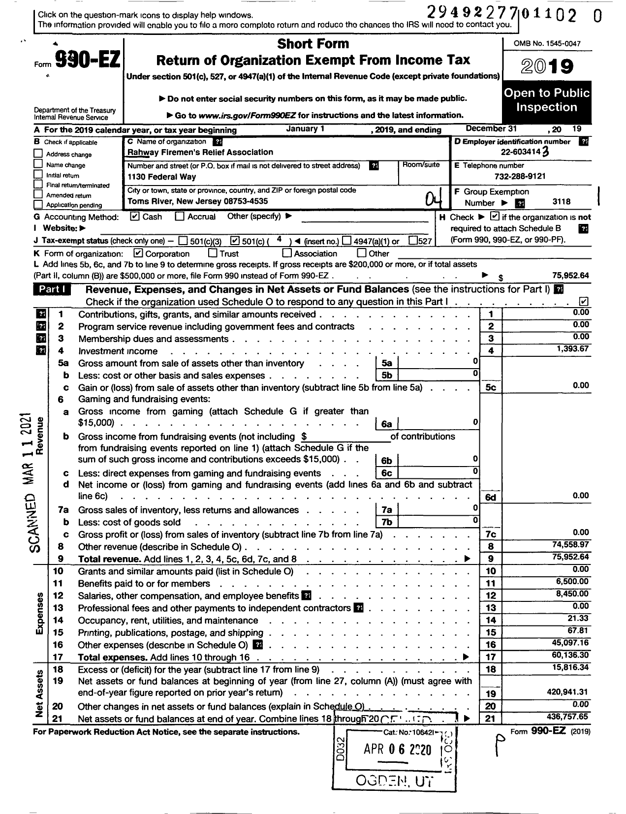 Image of first page of 2019 Form 990EO for New Jersey State Firemen's Association - Rahway