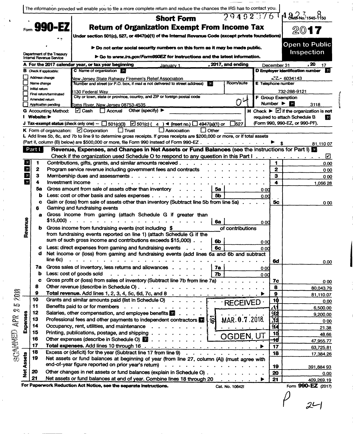 Image of first page of 2017 Form 990EO for New Jersey State Firemen's Association - Rahway