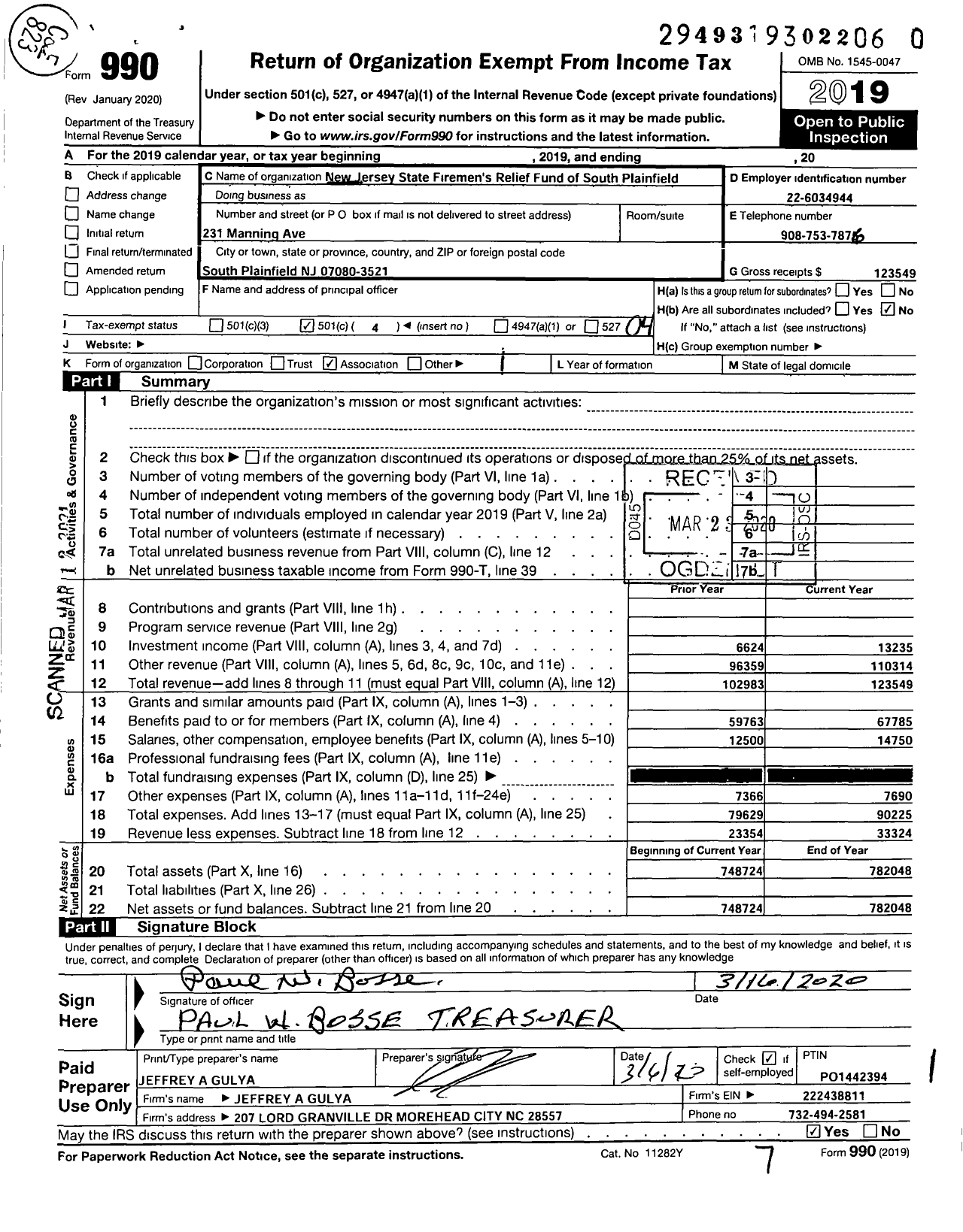 Image of first page of 2019 Form 990O for New Jersey State Firemen's Association - South Plainfield