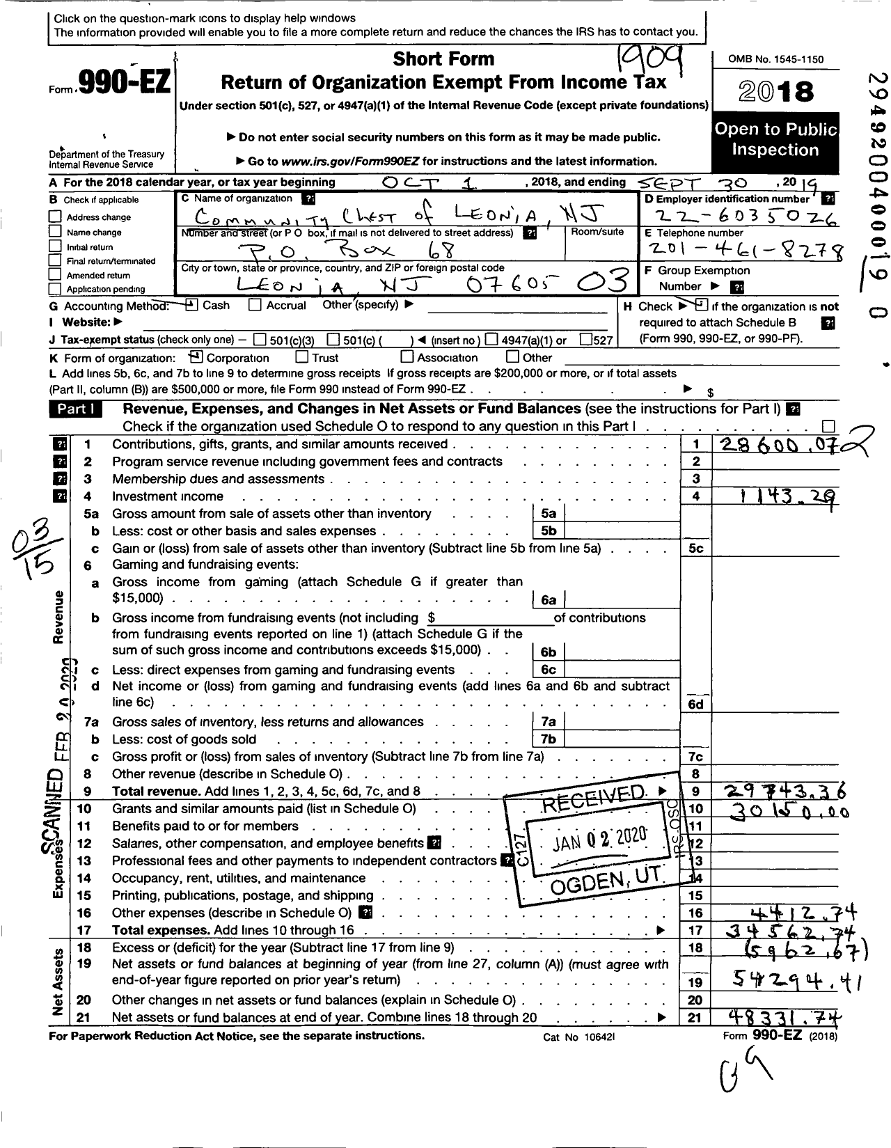 Image of first page of 2018 Form 990EZ for Community Chest of Leonia New Jersey