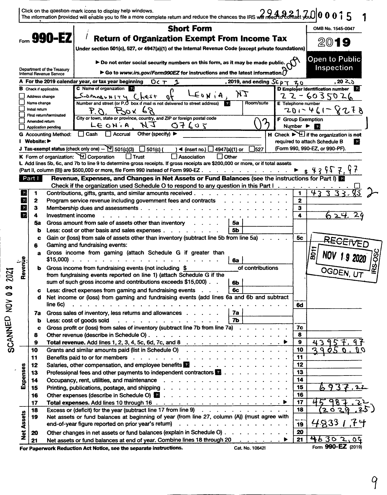 Image of first page of 2019 Form 990EZ for Community Chest of Leonia New Jersey