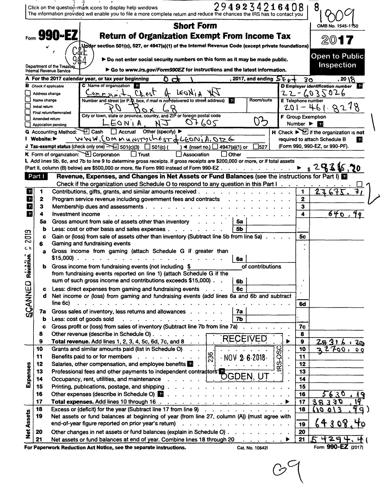 Image of first page of 2017 Form 990EZ for Community Chest of Leonia New Jersey