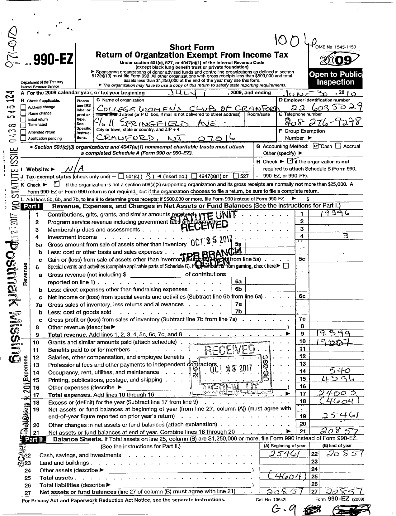 Image of first page of 2009 Form 990EO for College Womens Club of Cranford