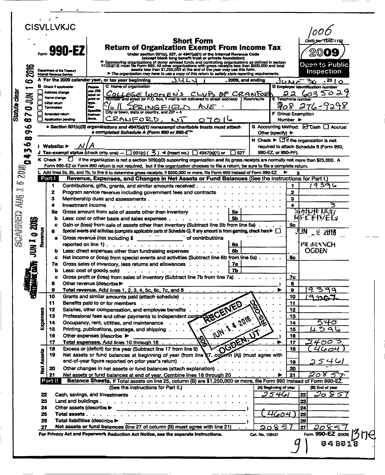 Image of first page of 2009 Form 990EZ for College Womens Club of Cranford