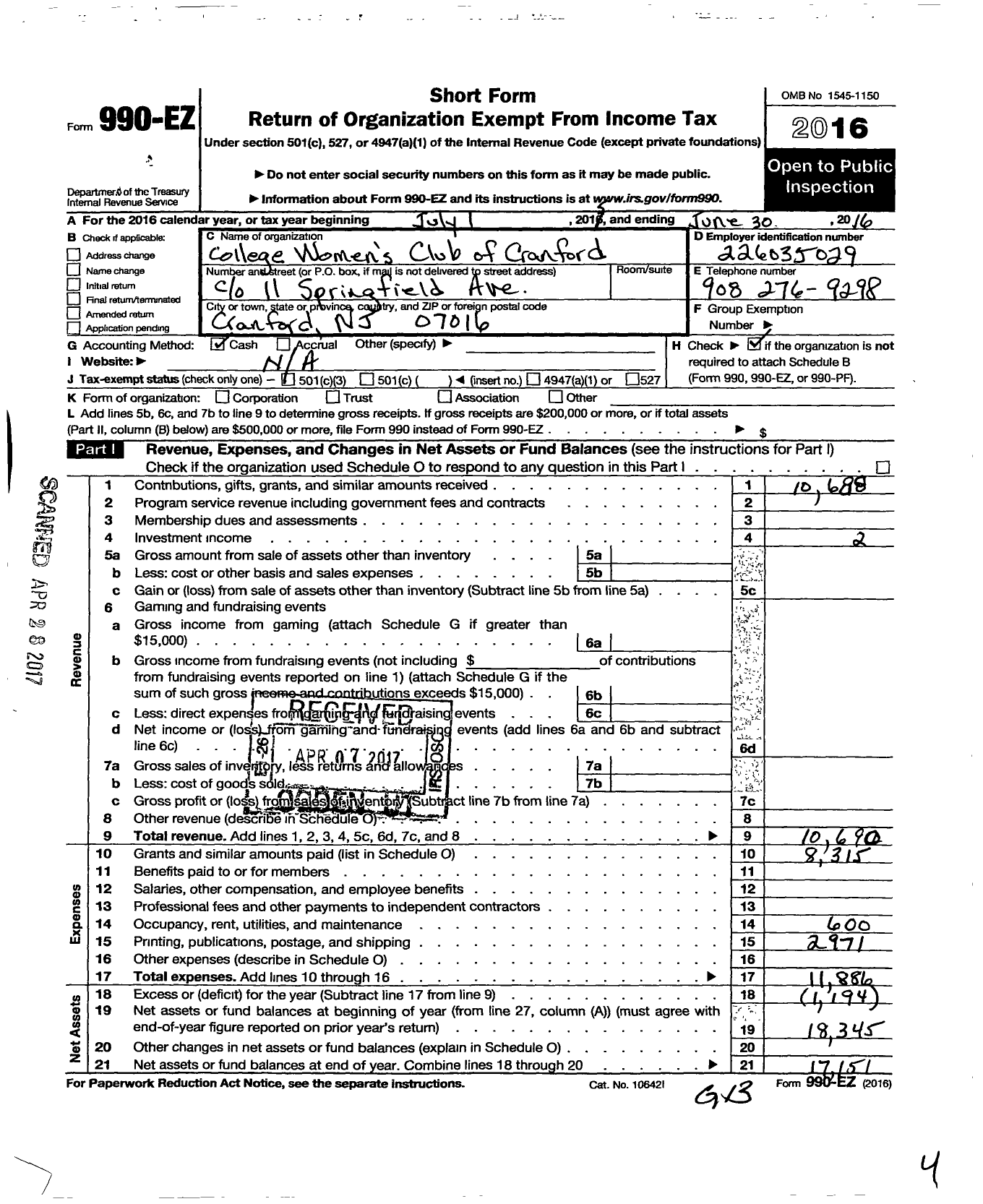 Image of first page of 2015 Form 990EO for College Womens Club of Cranford