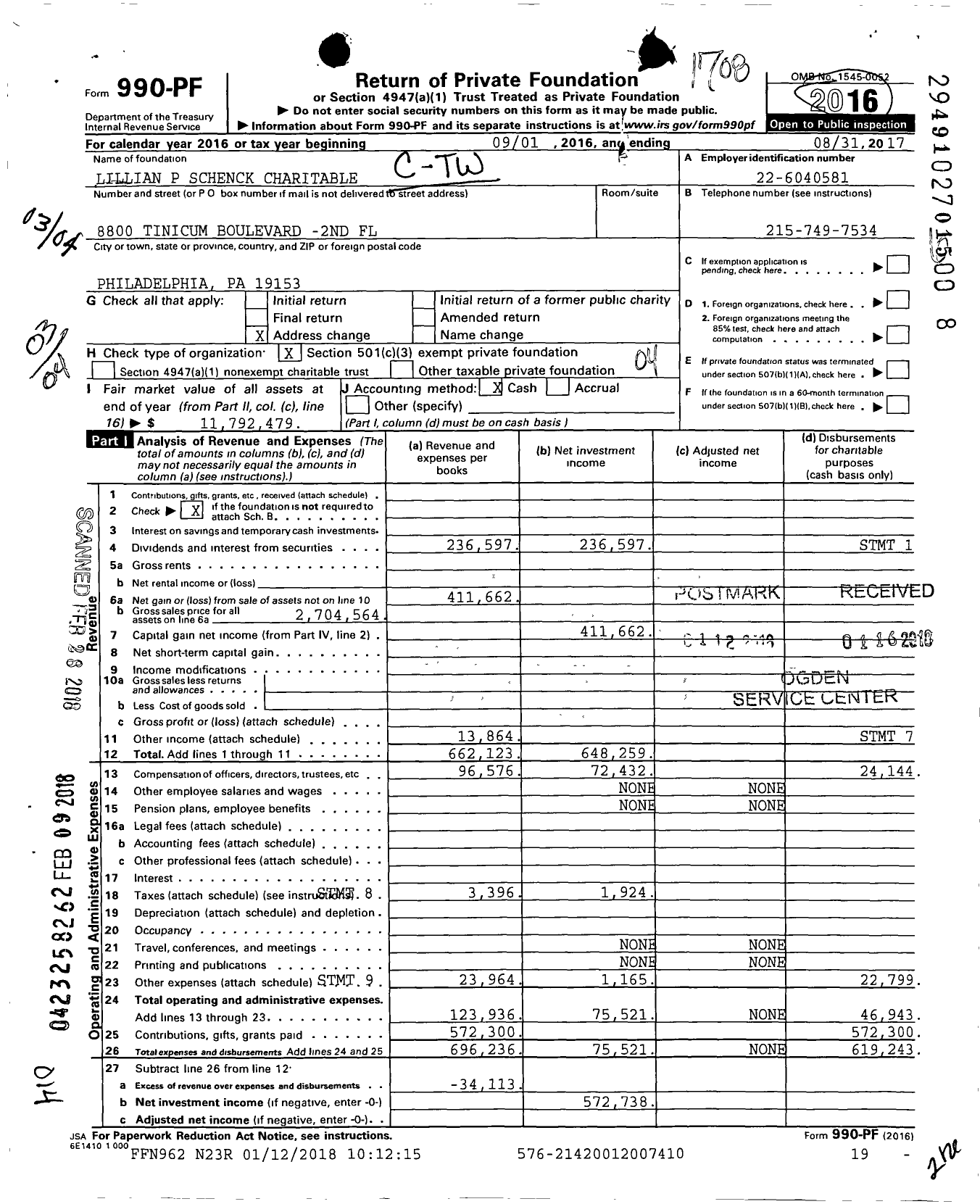 Image of first page of 2016 Form 990PF for Lillian P Schenck TW LPS Fund