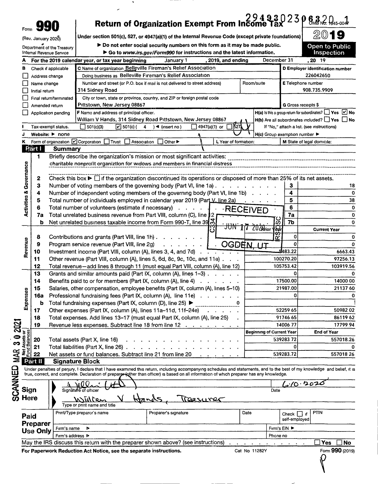 Image of first page of 2019 Form 990O for NEW JERSEY STATE Firemen's Association - Belleville