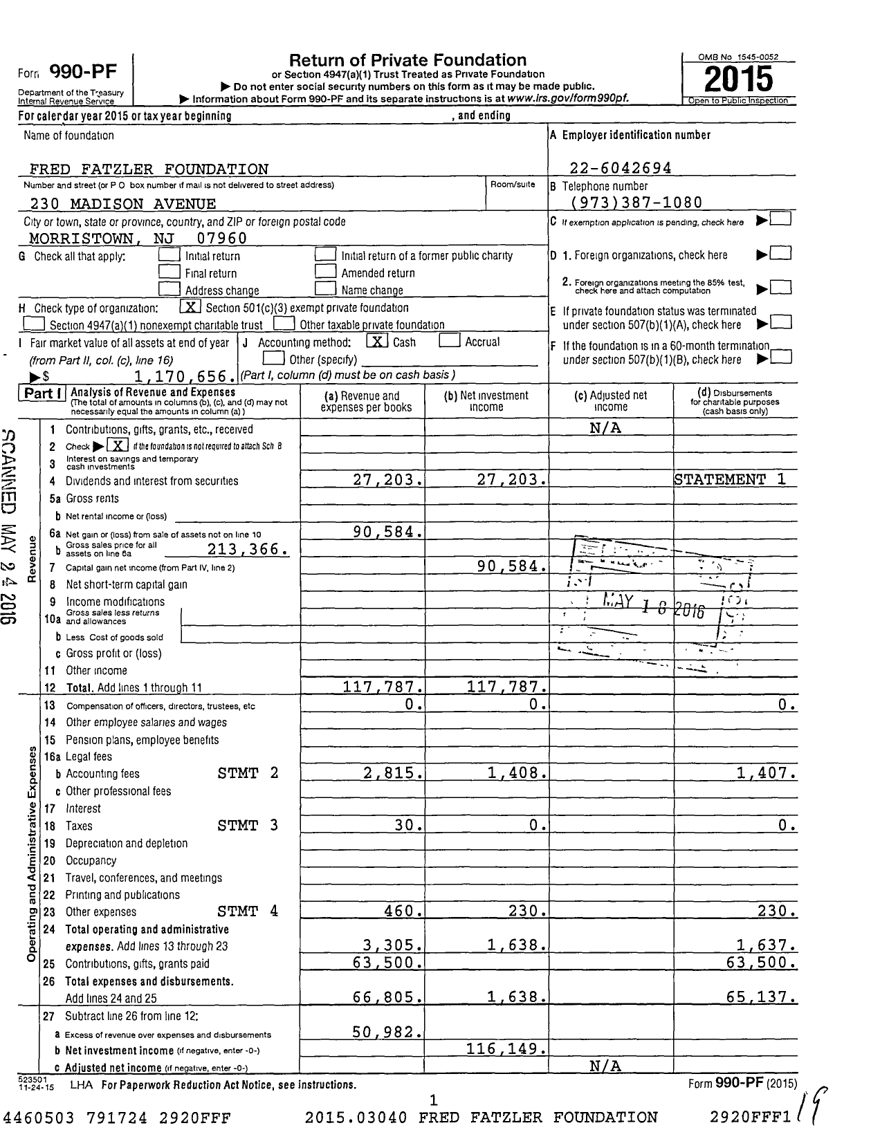 Image of first page of 2015 Form 990PF for Fred Fatzler Foundation