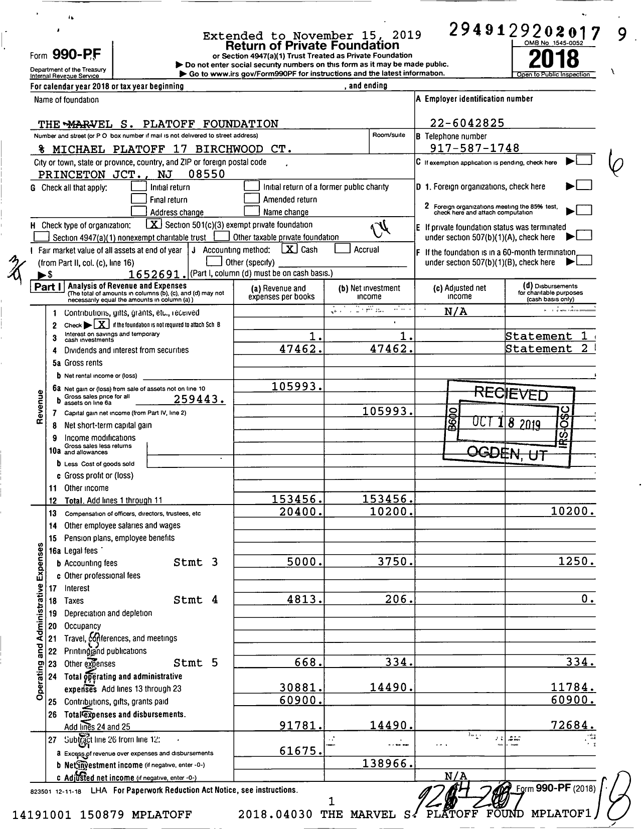 Image of first page of 2018 Form 990PF for The Marvel S Platoff Foundation