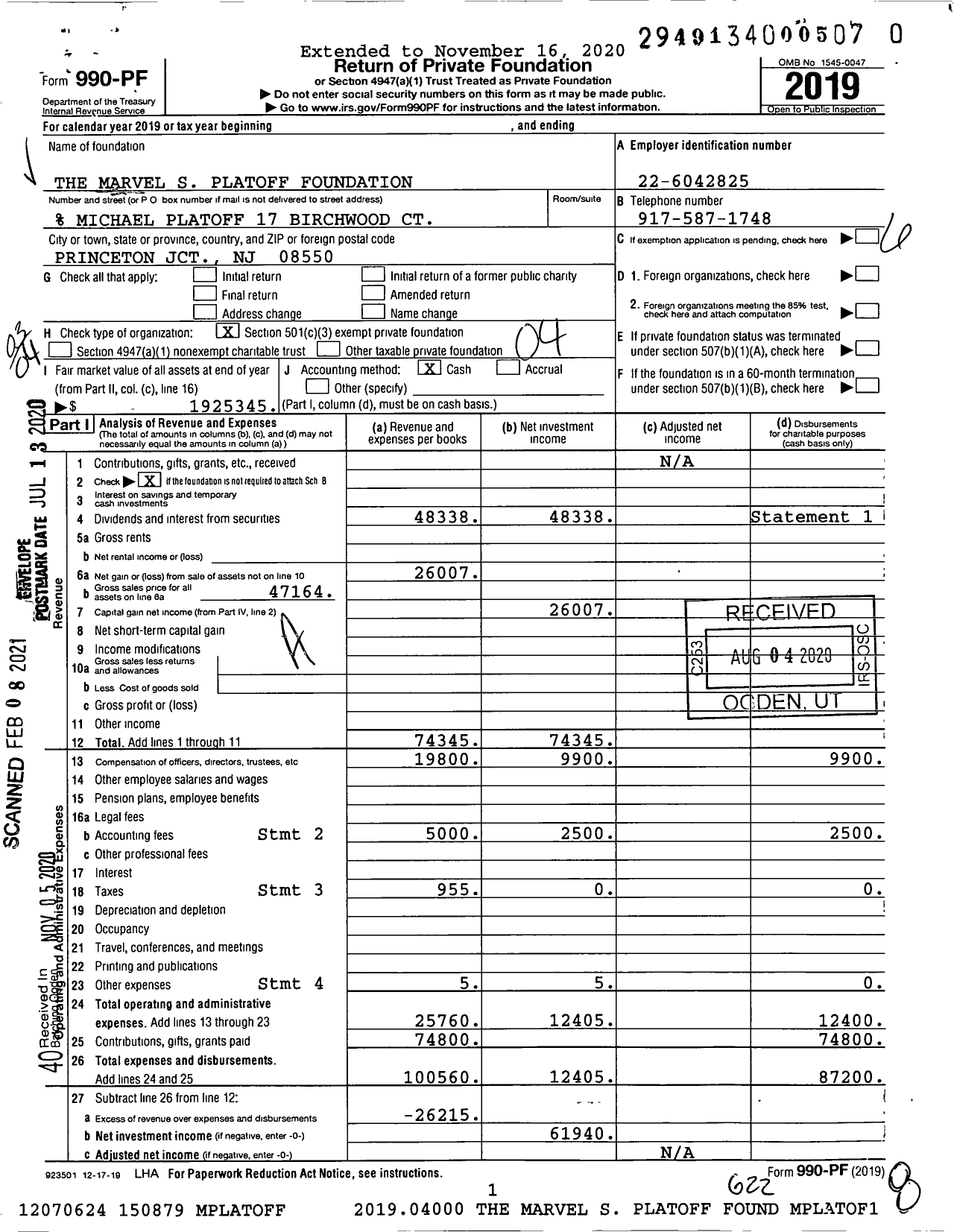Image of first page of 2019 Form 990PF for The Marvel S Platoff Foundation
