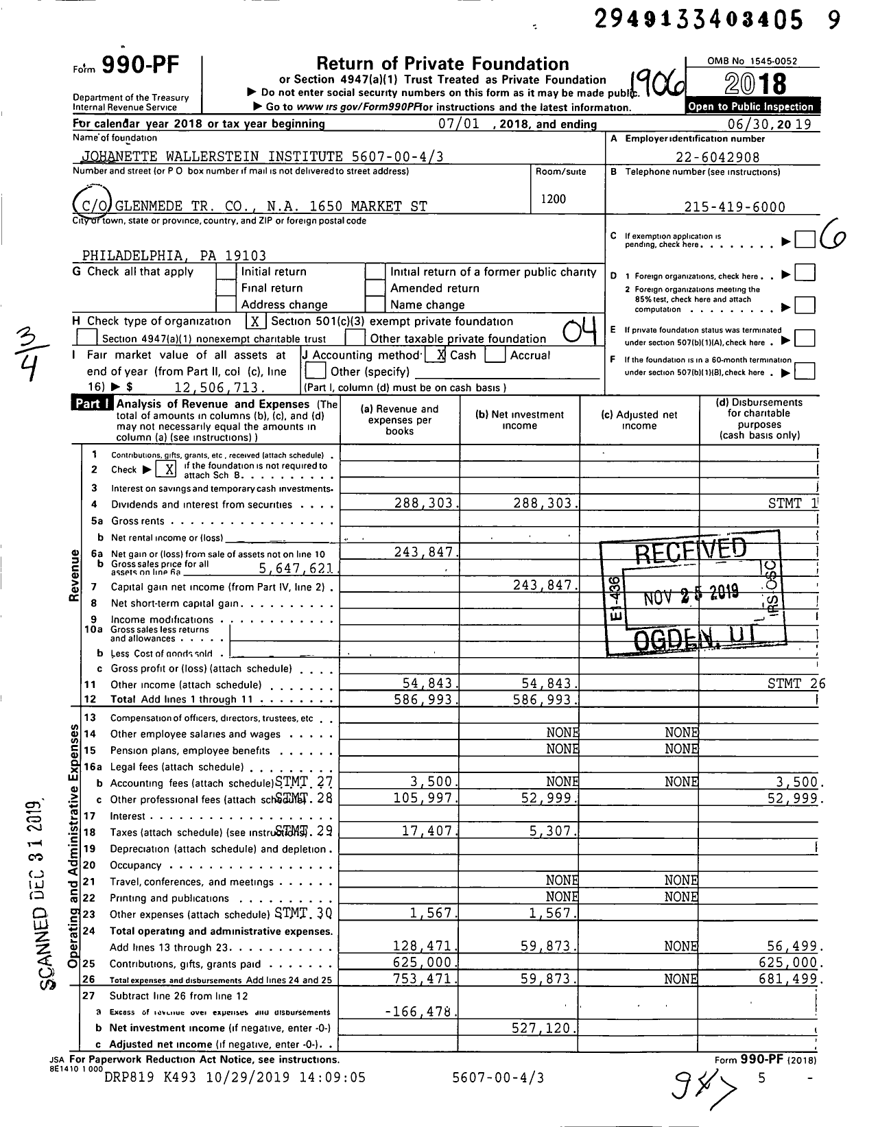 Image of first page of 2018 Form 990PF for Johanette Wallerstein Institute 5607-00-43