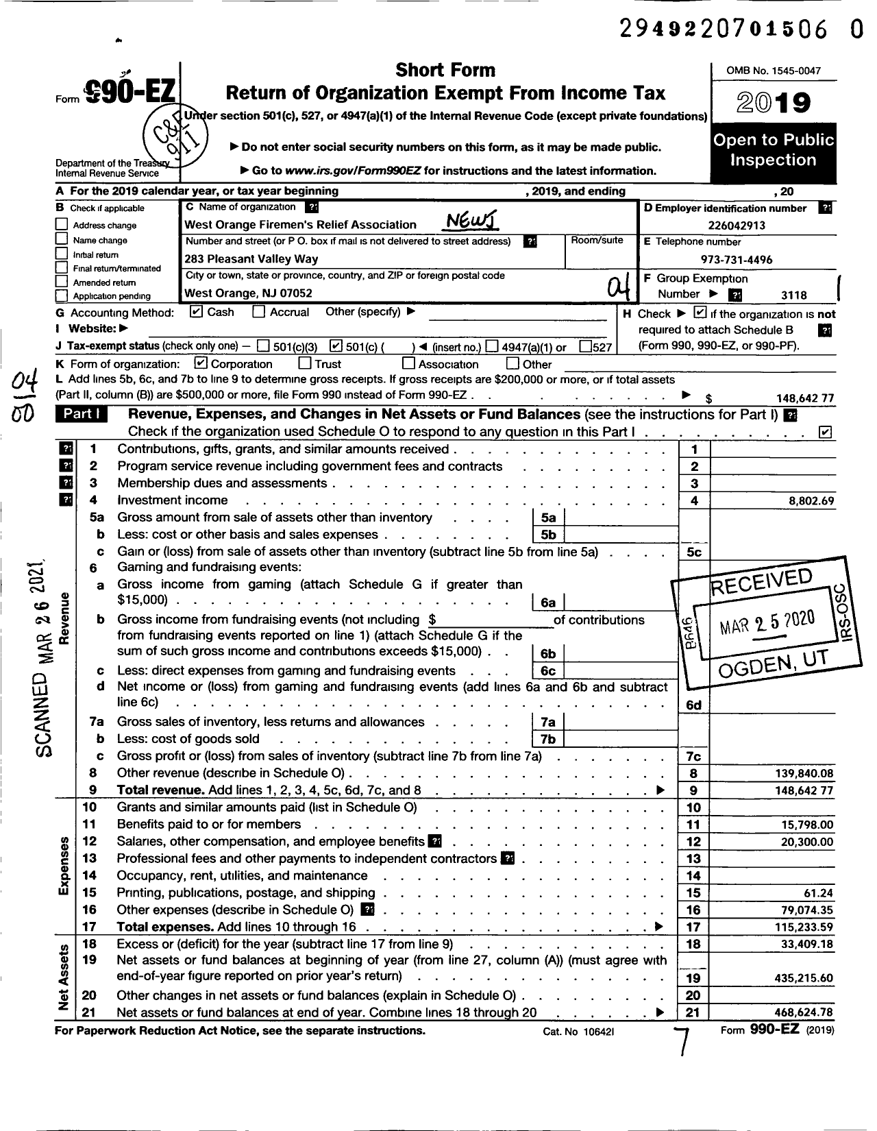 Image of first page of 2019 Form 990EO for New Jersey State Firemen's Association - West Orange