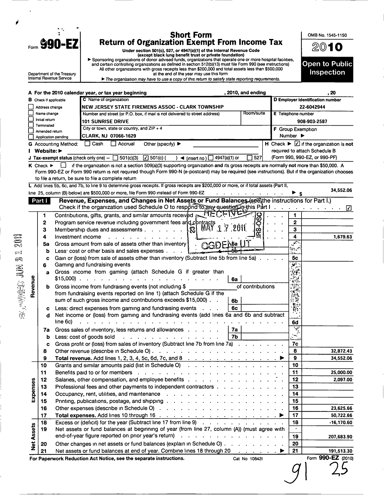 Image of first page of 2010 Form 990EO for New Jersey State Firemen's Association - Clark TWSP