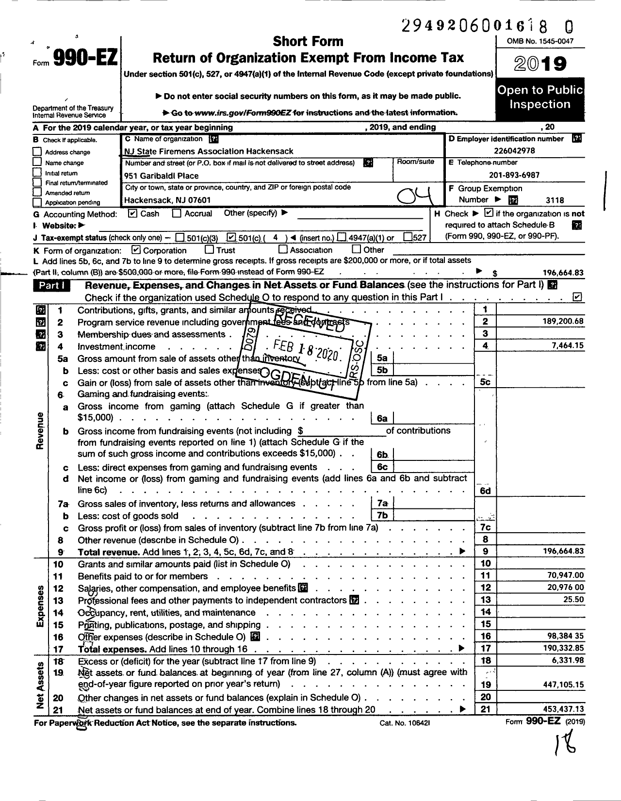 Image of first page of 2019 Form 990EO for New Jersey State Firemen's Association - NJ State Firemens Association Hackensack