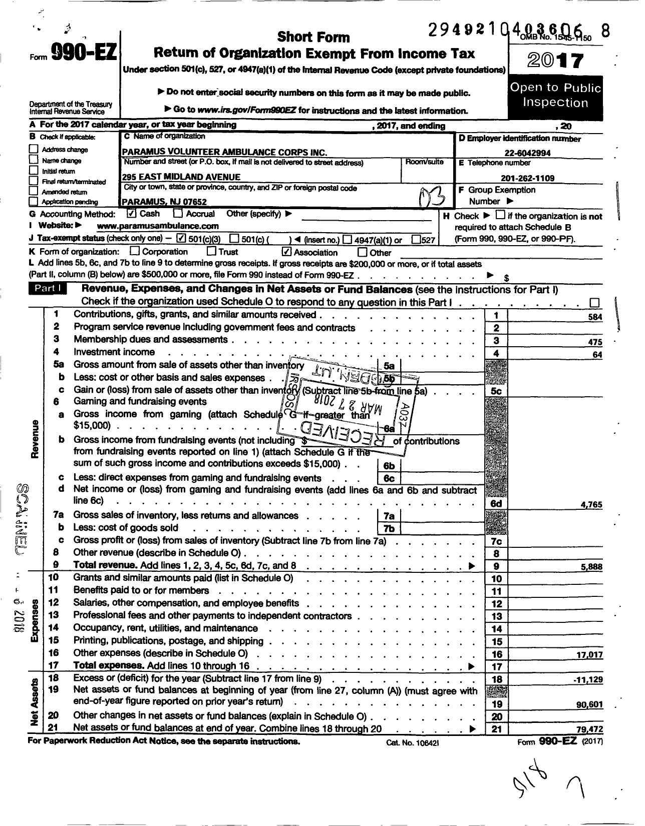 Image of first page of 2017 Form 990EZ for Paramus Volunteer Ambulance Corps