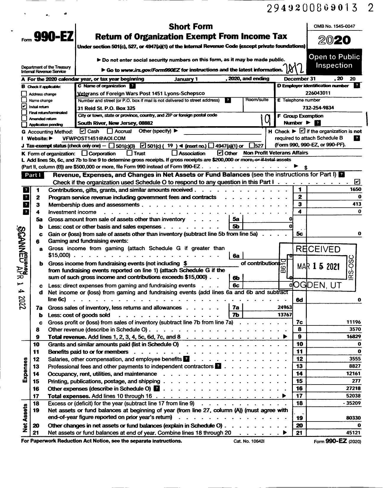 Image of first page of 2020 Form 990EO for Department of New Jersey VFW - 1451 Lyons Schepsco Post