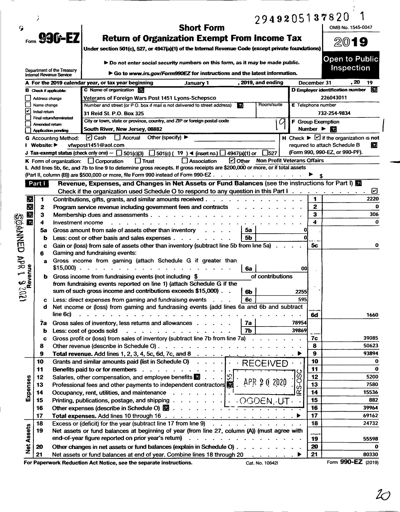 Image of first page of 2019 Form 990EO for Department of New Jersey VFW - 1451 Lyons Schepsco Post