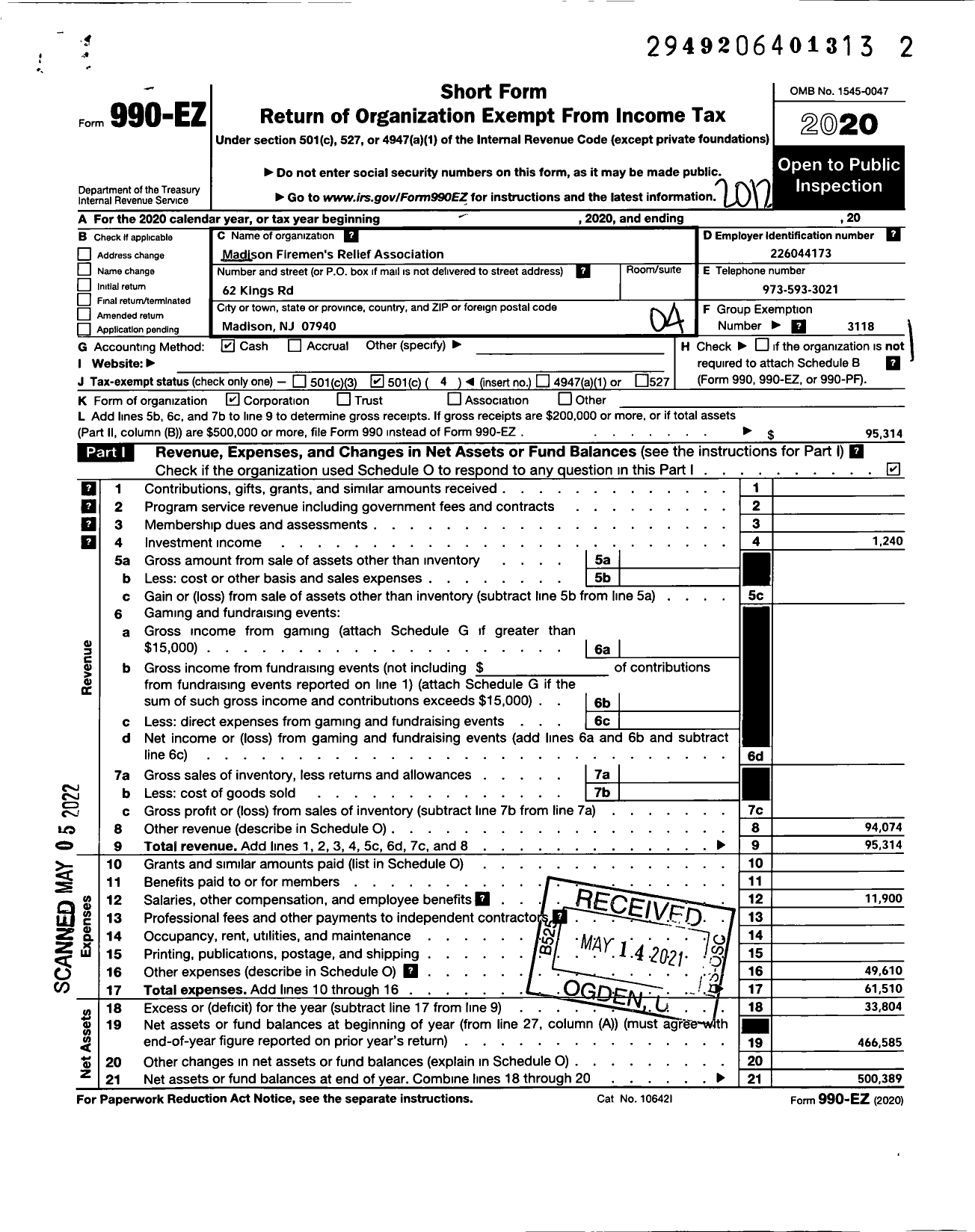 Image of first page of 2020 Form 990EO for New Jersey State Firemen's Association - Madison