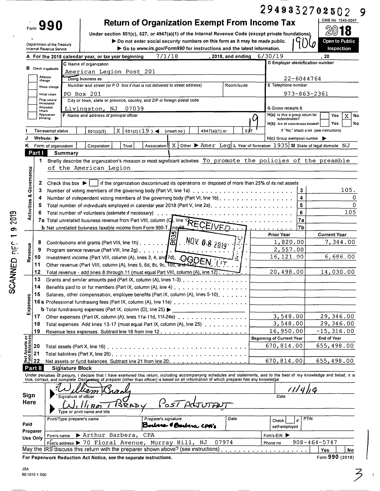 Image of first page of 2018 Form 990O for American Legion - 201 Livingston Post