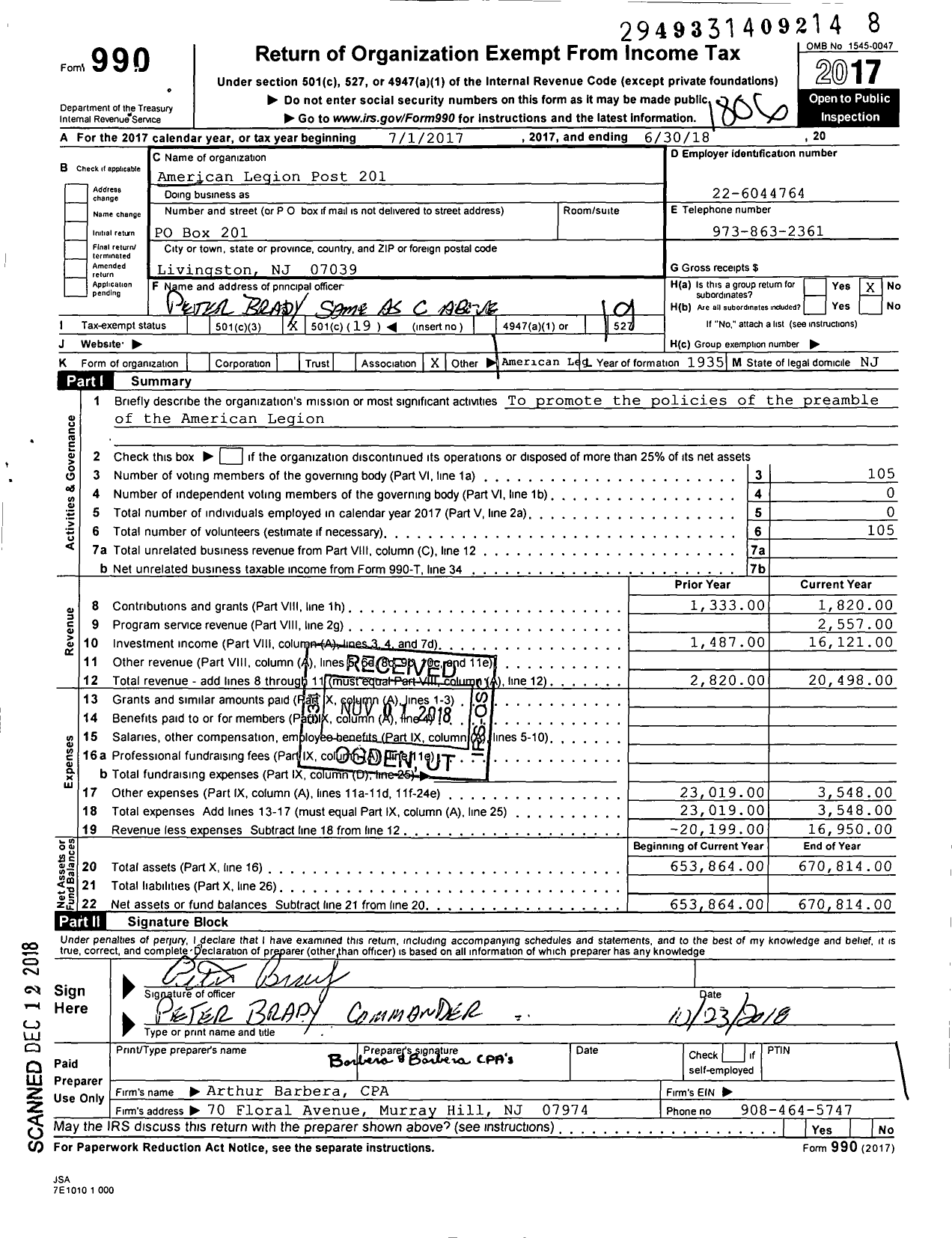Image of first page of 2017 Form 990O for American Legion - 201 Livingston Post