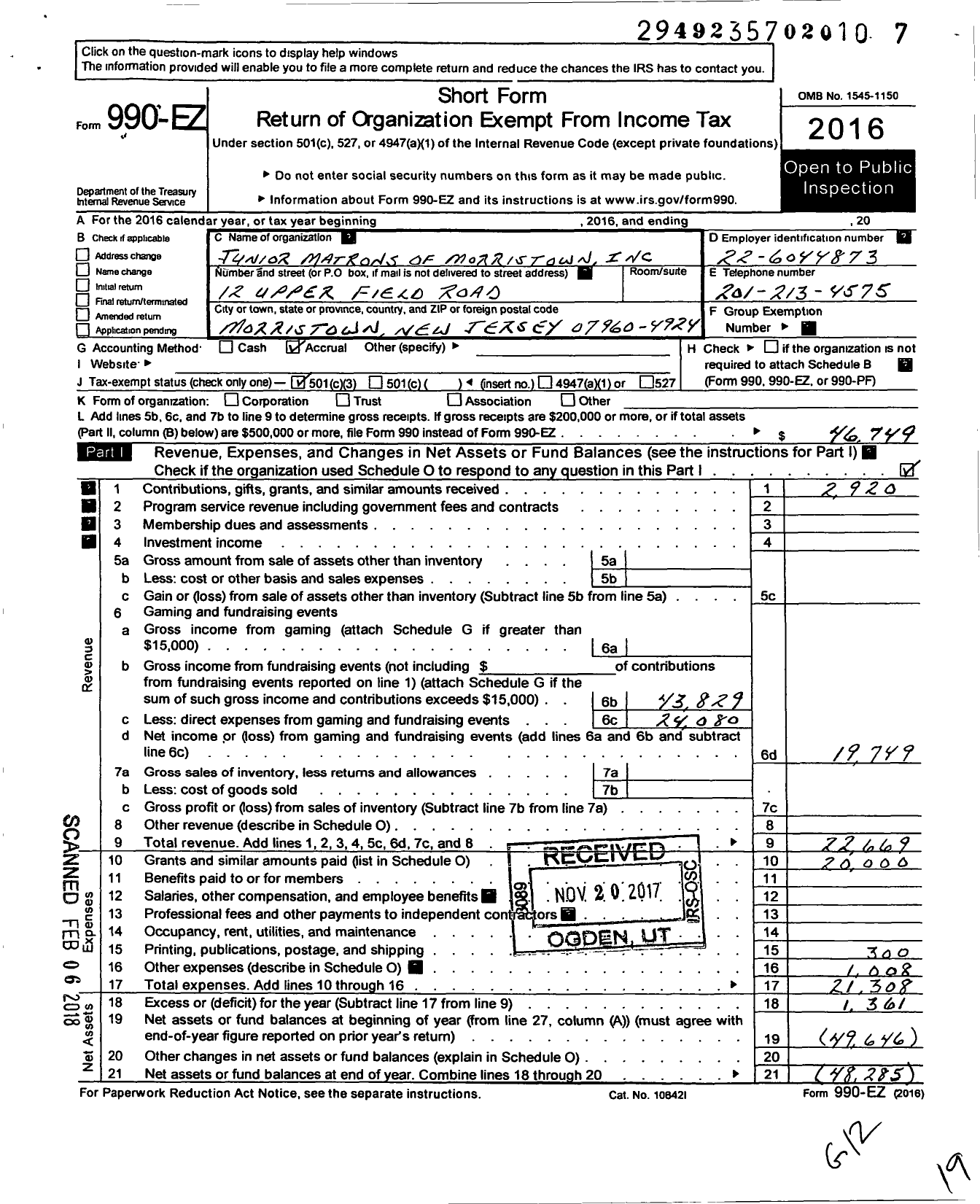 Image of first page of 2016 Form 990EZ for Junior Matrons of Morristown