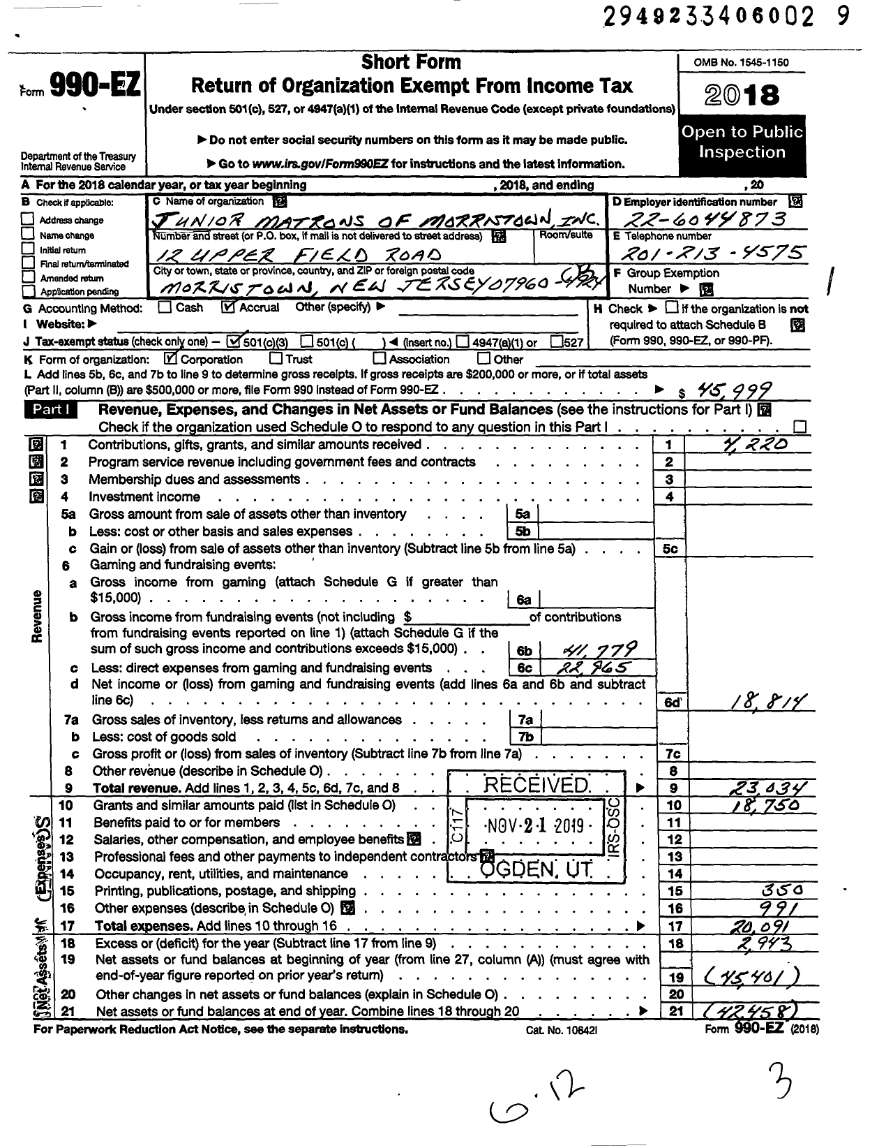 Image of first page of 2018 Form 990EZ for Junior Matrons of Morristown